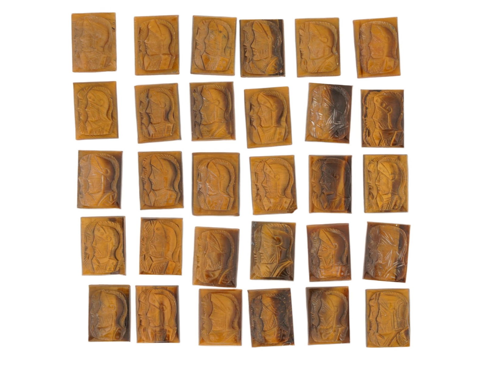 COLLECTION OF 30 HAND CARVED TIGERS EYE STONE CAMEOS (1 of 7)