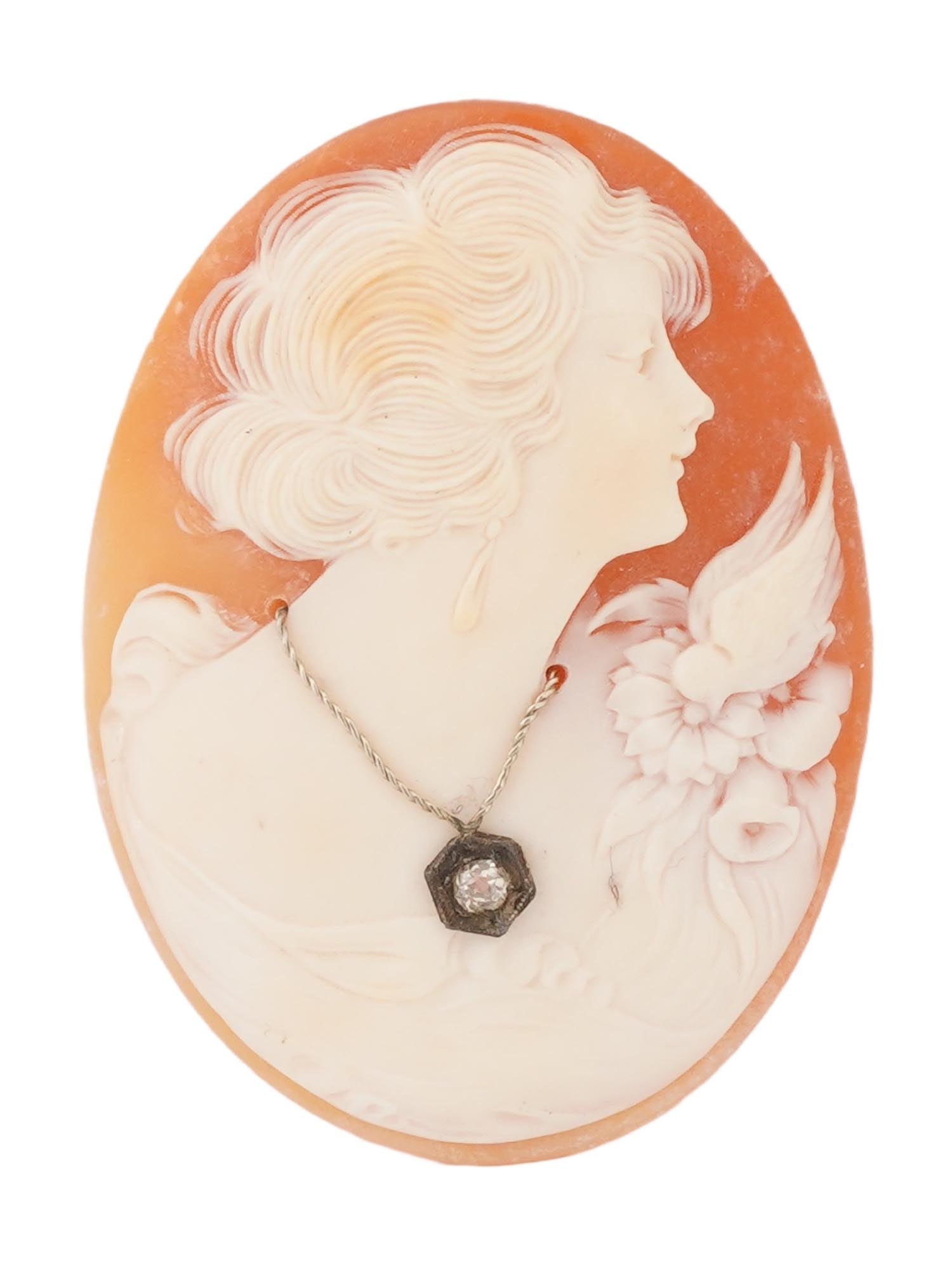ANTIQUE CARNELIAN SHELL CAMEO WITH DIAMOND (1 of 5)