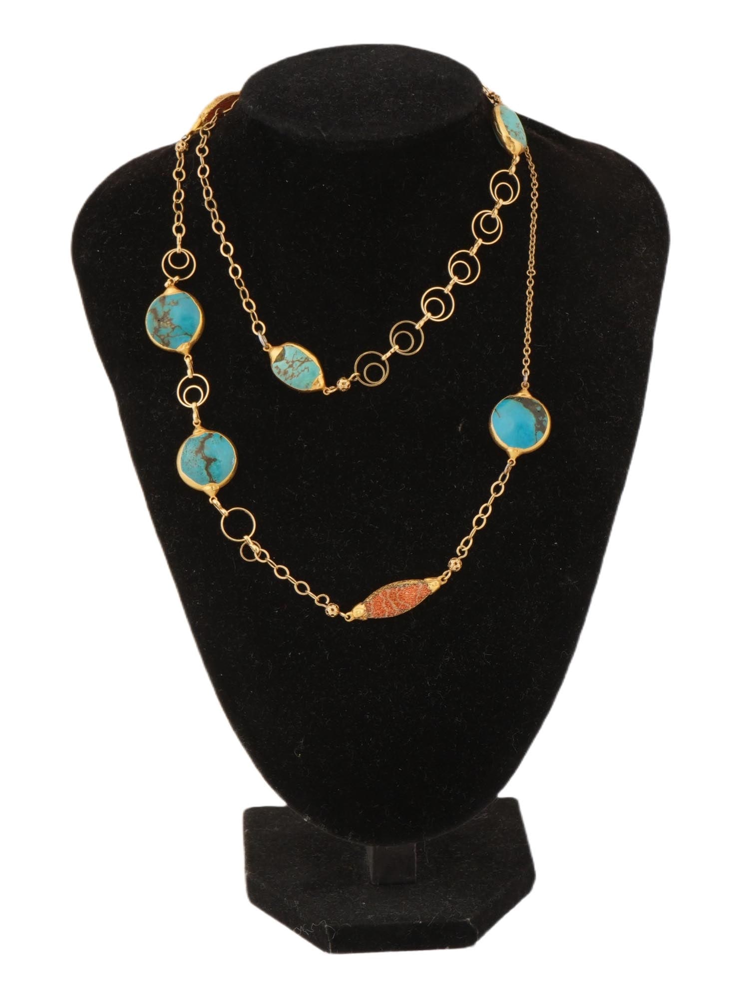 VINTAGE TURQUOISE AND CORAL GOLD FILLED LINK NECKLACE (1 of 6)
