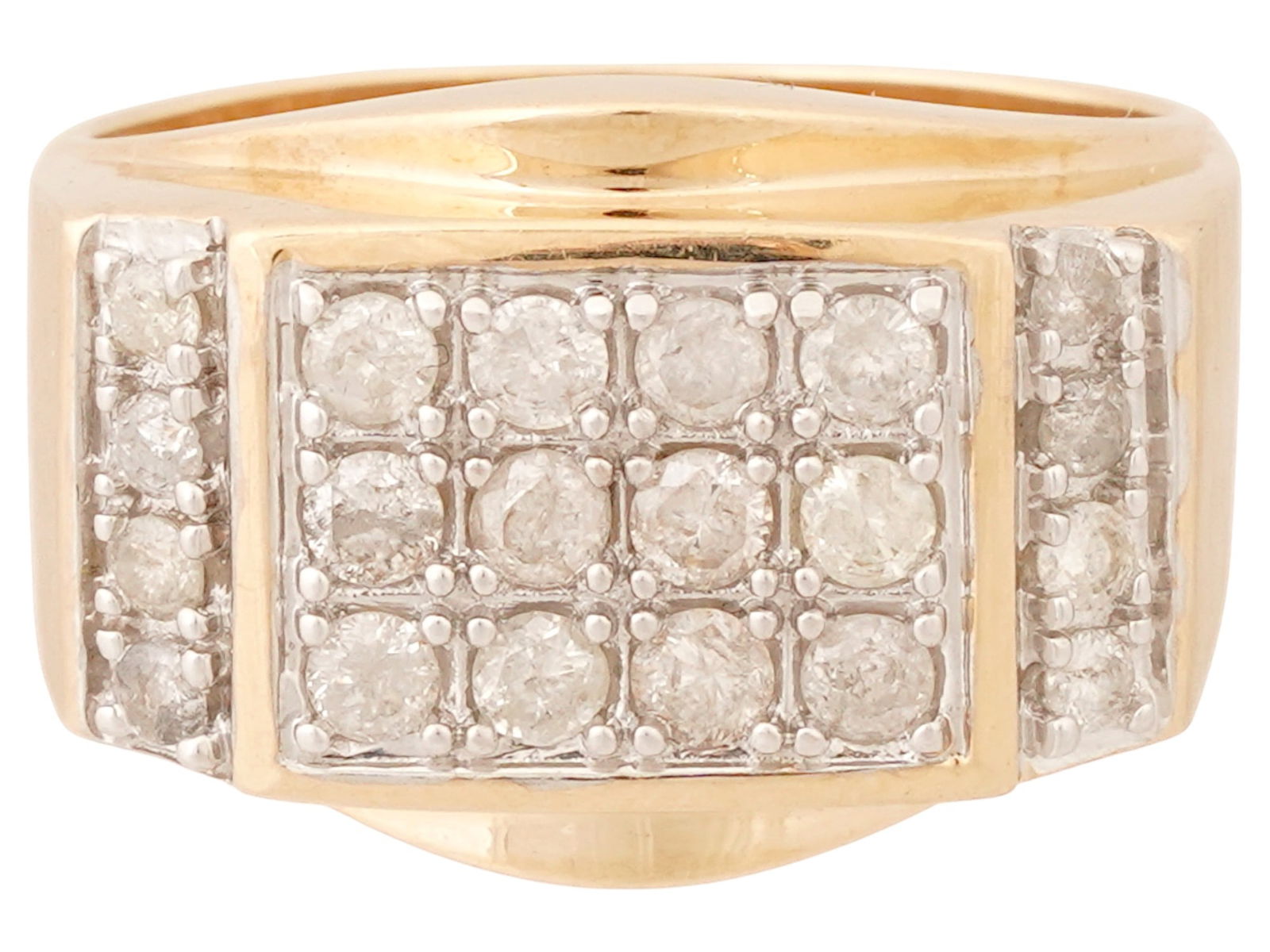 VINTAGE 10K YELLOW GOLD MANS RING WITH DIAMONDS: A vintage 10K yellow Gold mans ring. The ring is made in a band design and encrusted with 1k diamonds on the top and sides. 20 1k diamonds total. Marked with a Gold standard hallmark and other assay m