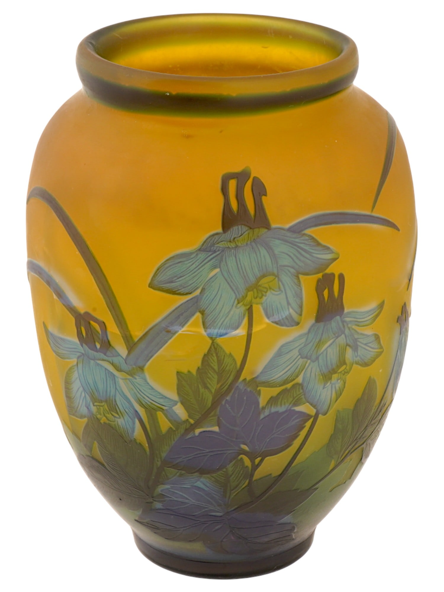 FRENCH ART NOUVEAU GALLE STYLE CAMEO GLASS FLORAL VASE: A vintage French Art Nouveau style scenic cameo mold blown art glass vase in the manner of Emile Galle, French, 1846 to 1904. The vase has an ovoid shape and likely features Columbine flowers. The bas