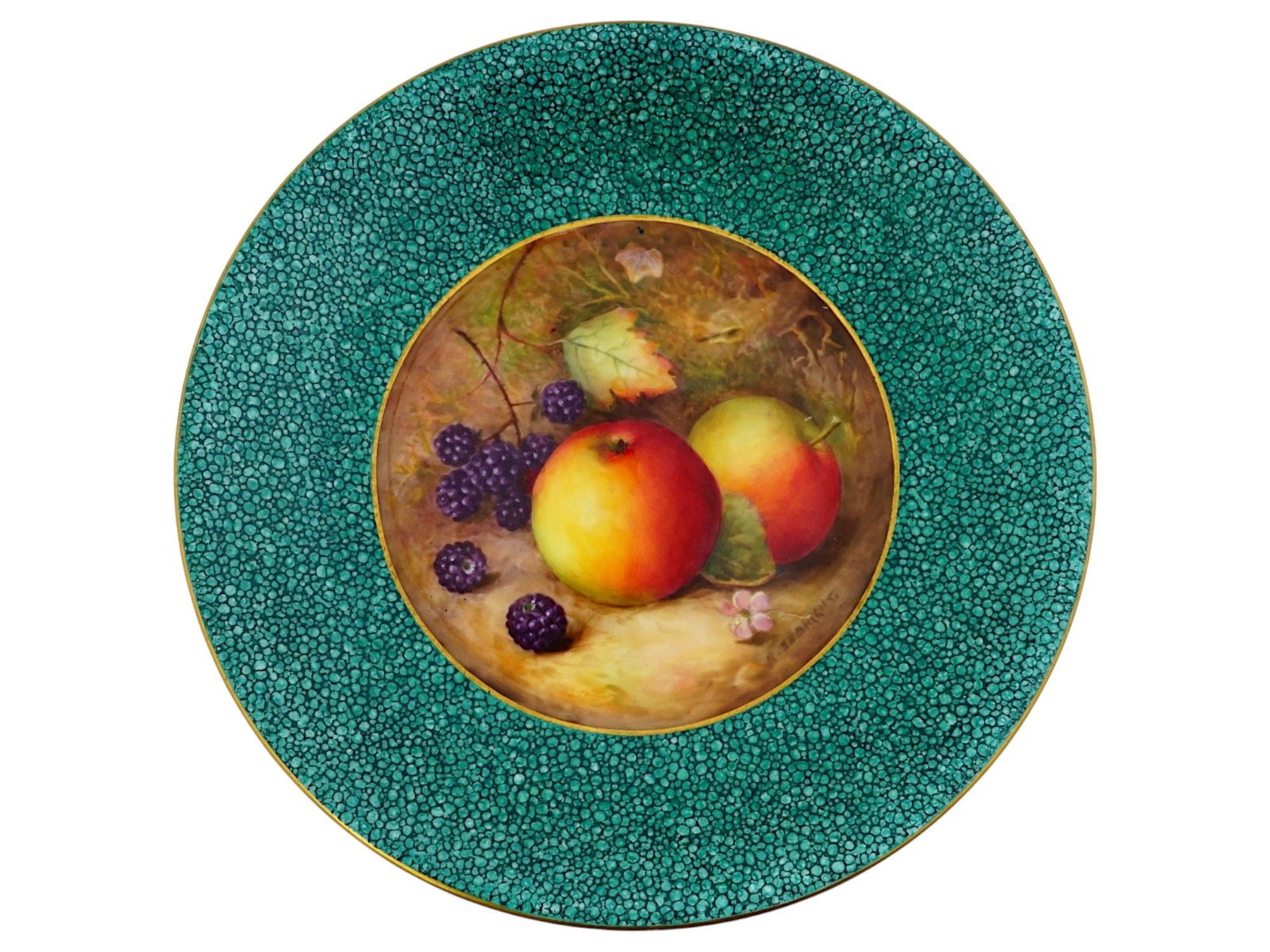 ROYAL WORCESTER PAINTED PORCELAIN CABINET PLATE SIGNED: An English Royal Worcester painted porcelain cabinet plate. The ware is decorated with a medallion to the center representing a still life with fruits. Signed, R. Sebright, lower right. The borders ar