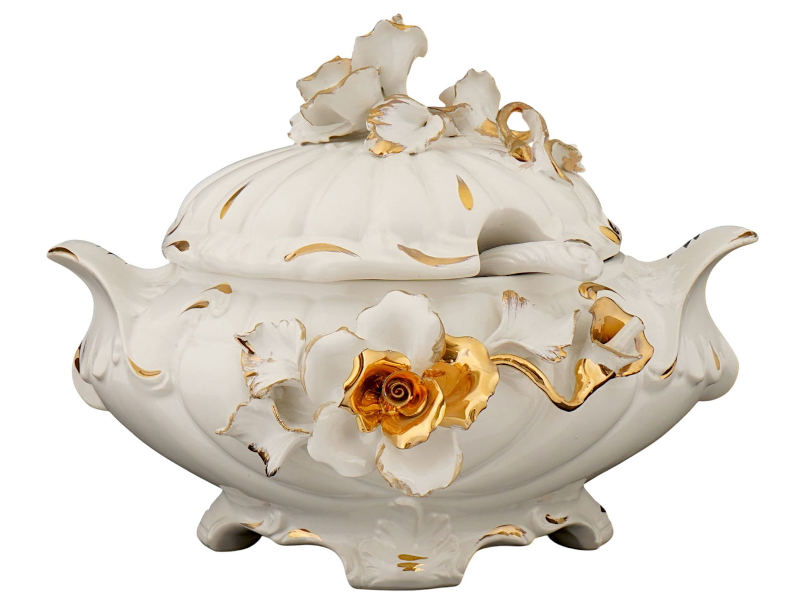 VINTAGE ITALIAN CAPODIMONTE GILT CERAMIC TUREEN: A vintage glazed white ceramic tureen or lidded serving dish by Capodimonte, an Italian porcelain manufacture based in Naples. Footed piece with figurative side handles. The body and lid are garnished