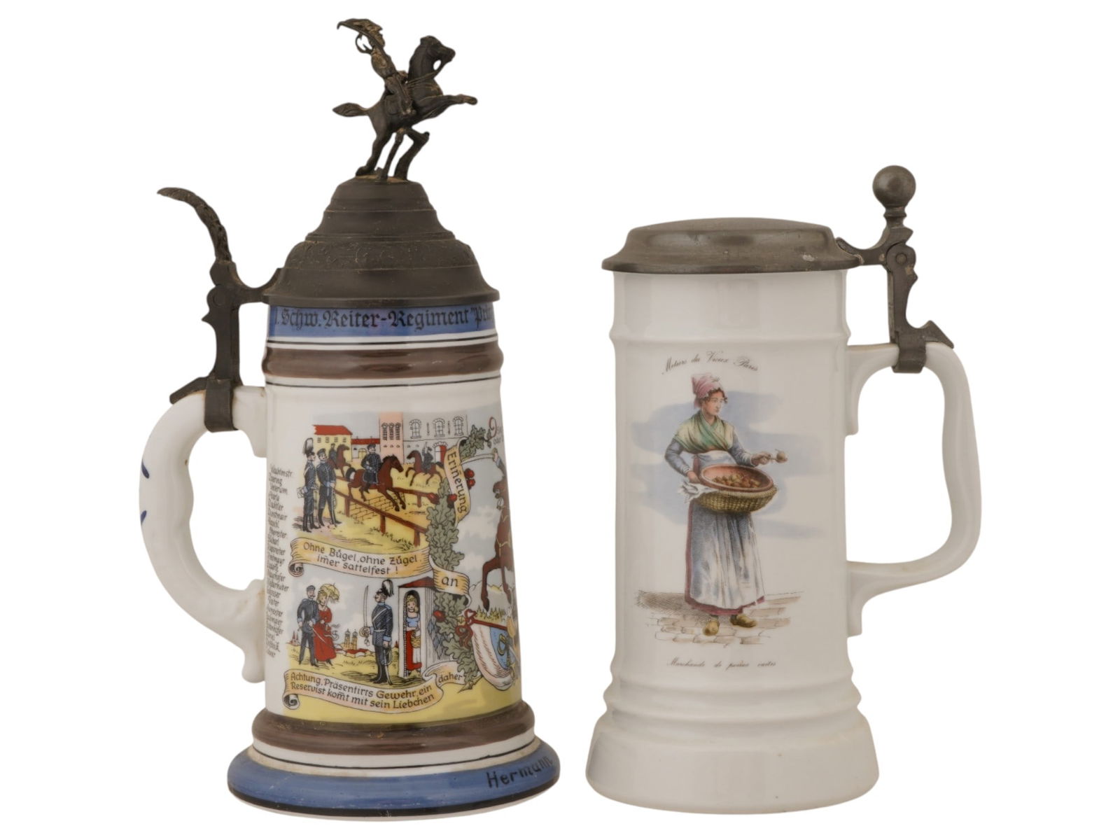 LOT OF GERMAN CERAMIC BEER STEINS MARKED W PEWTER LIDS: A lot of two German ceramic beer mugs beer steins with lids. The first: a regimental commemorative mug made of glazed porcelain with a pewter lid and a figurine of a cavalryman on top. These mugs were