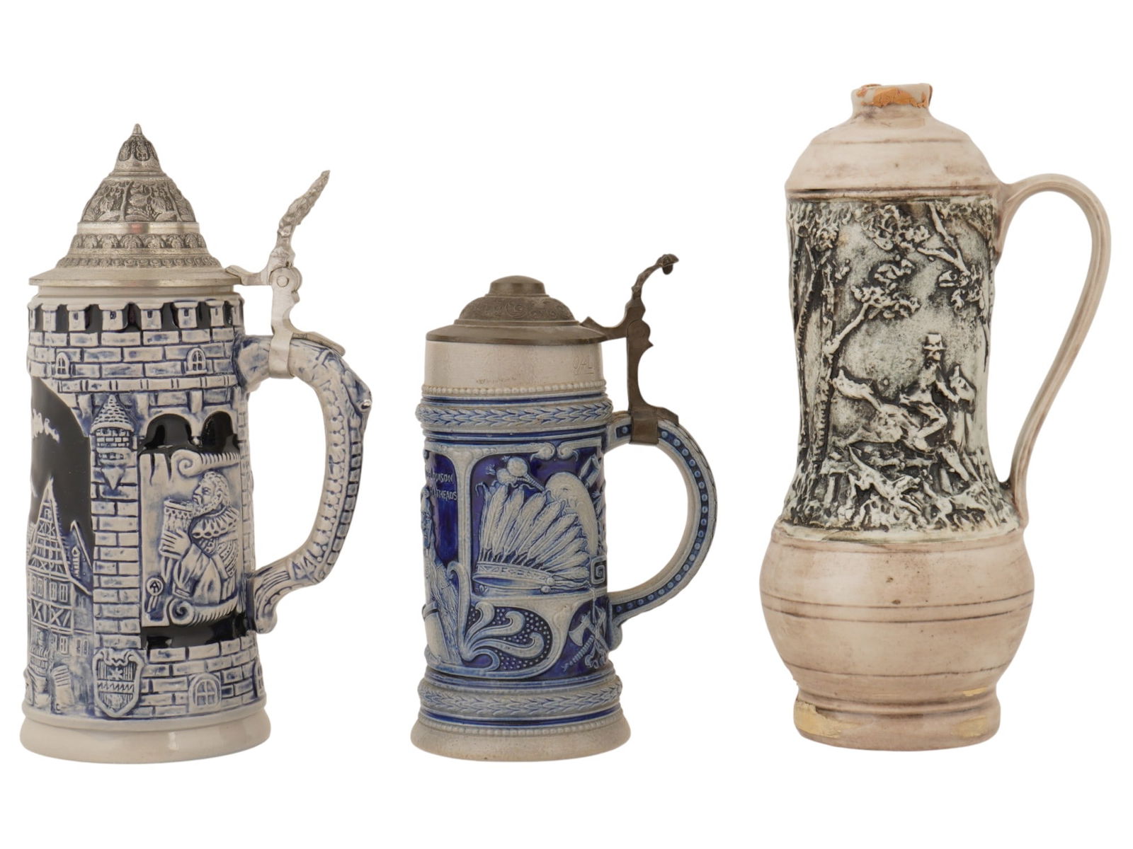 LOT OF GERMAN HAND PAINTED CERAMIC PEWTER BEER STEINS (1 of 7)