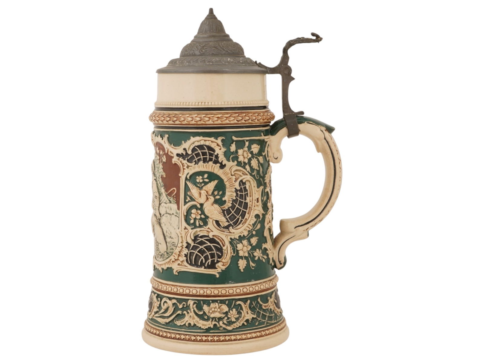 VINTAGE GERMAN BEER STEIN SHEPHERDS LOVE ALPINE SCENE: A vintage German beer stein bearing the motto The Shepherds Love, featuring a traditional relief-molded and hand-painted pastoral scene. The design depicts a romantic Alpine setting with a shepherd pr