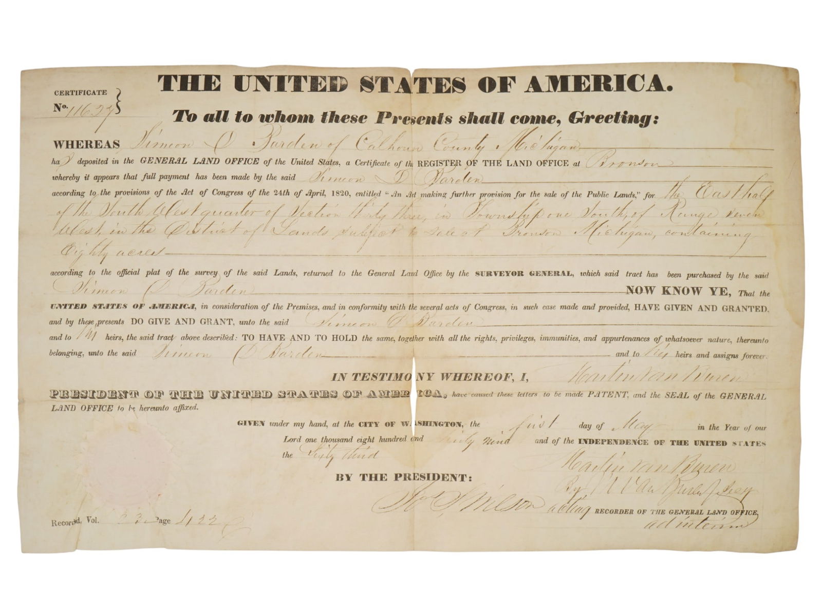 US LAND GRANT DOC SIGNED BY PRESIDENT MARTIN VAN BUREN (1 of 4)