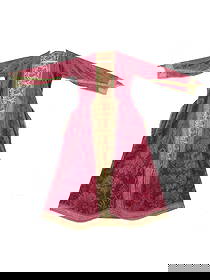 ANTIQUE PERSIAN SAFAVID SILVER EMBROIDERED SILK ROBE: An antique Persian Iranian Safavid silk robe. The robe features a bold crimson base adorned with intricate floral patterns, complemented by ornate silver and golden embellishments. The robe exhibits d