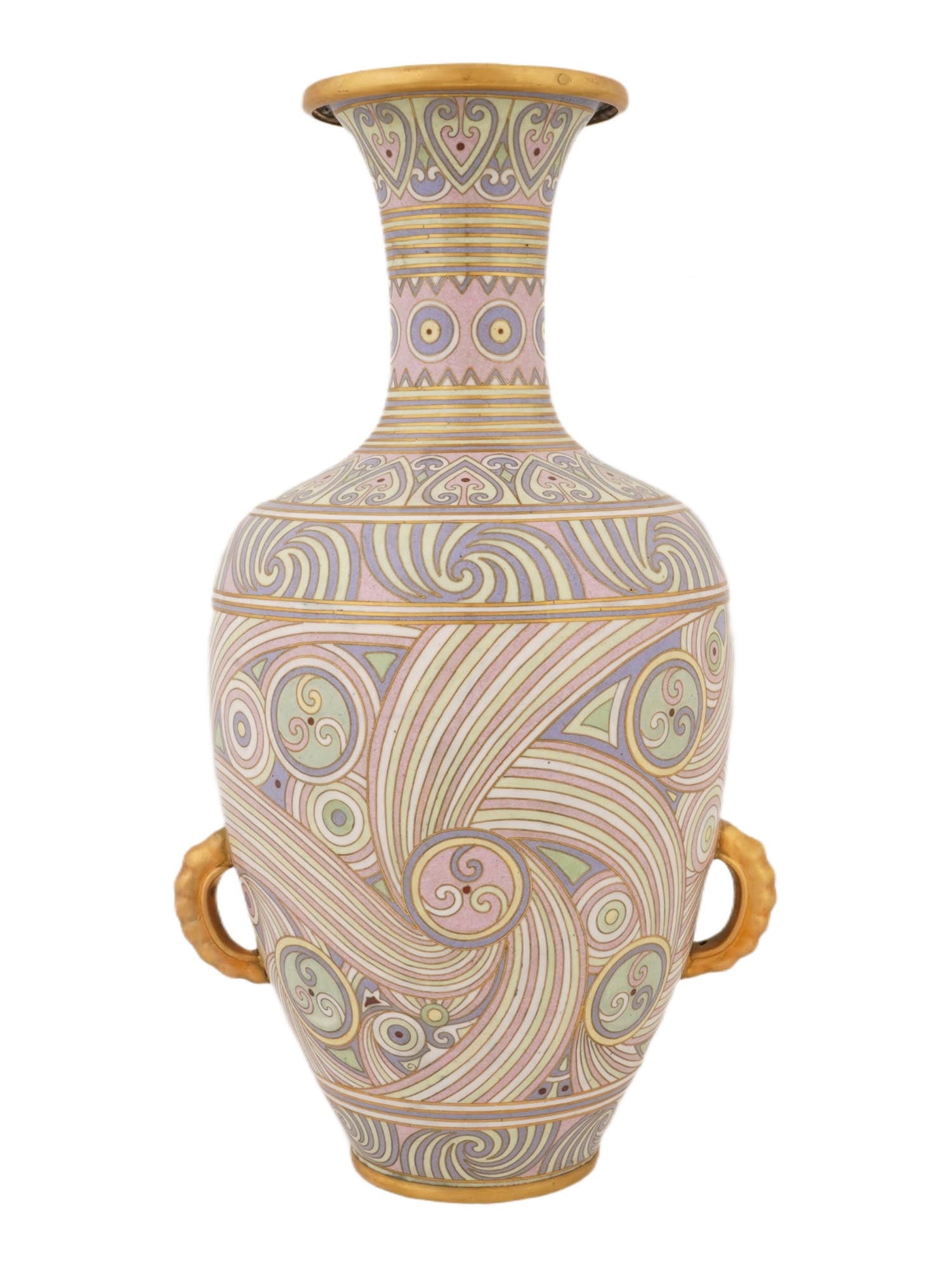 JAPANESE SWIRL DESIGN CLOISONNE ENAMEL VASE W HANDLES: A Japanese enamel vase. The vase has an urn shape with a lon narrow neck with a fluted mouth. The exterior of the vase is adorned with polychrome enamel swirl, foliate scroll and geometrical ornaments