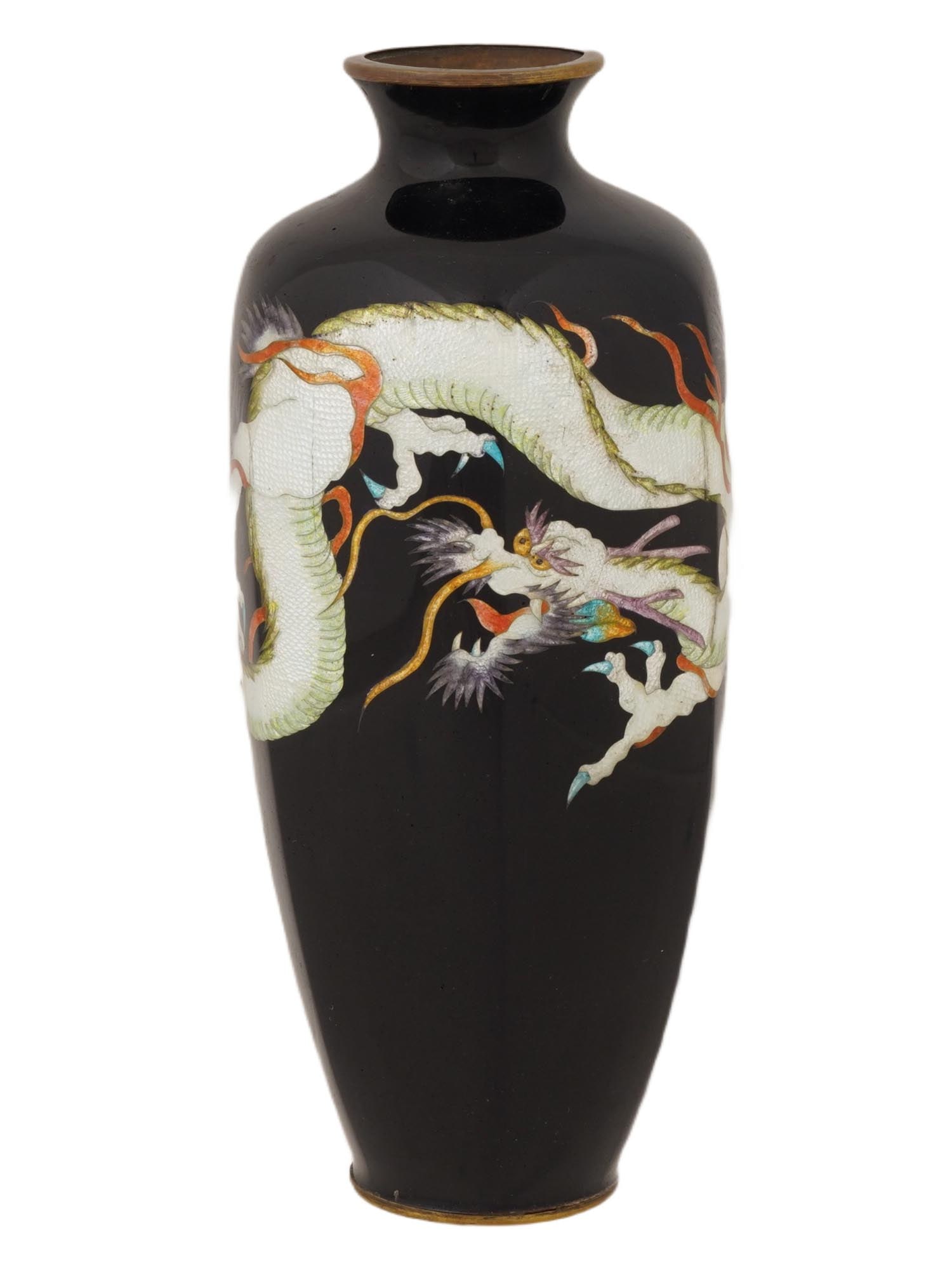 ANTIQUE JAPANESE MEIJI CLOISONNE ENAMEL VASE W DRAGON: An antique Japanese cloisonne enamel vase, likely created during the Meiji period. Adorned with a dragon image made in cloisonne technique. The vase has a deep black background, which serves as an eff