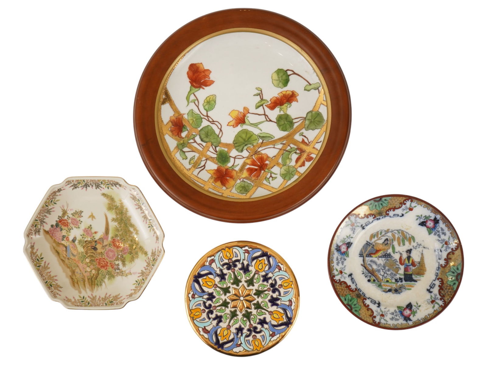 VINTAGE FRENCH JAPANESE CERAMIC AND PORCELAIN PLATES: A lot of four vintage ceramic and porcelain plates. The lot contains a vintage Japanese octagonal porcelain serving plate decorated with two pheasants in a landscape, circa 1950 to 1959. A French Chin