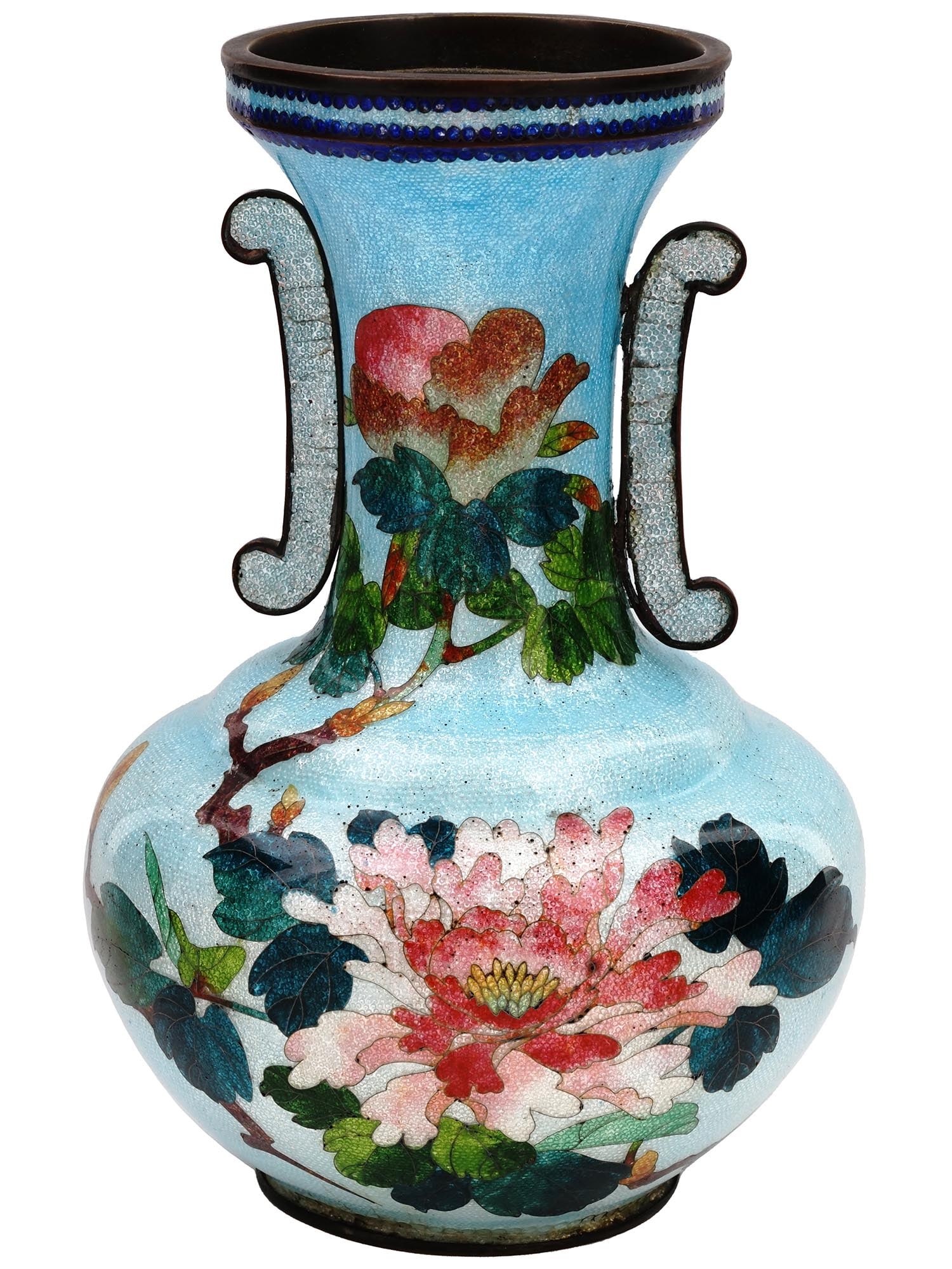 ANTIQUE JAPANESE MEIJI ERA GINBARI CLOISONNE VASE: An antique Japanese copper vase with polychrome ginbari cloisonne enamel decor. Late Meiji period, before 1912. Squat round shape, long neck and decorative side handles. Blue body with pink and green