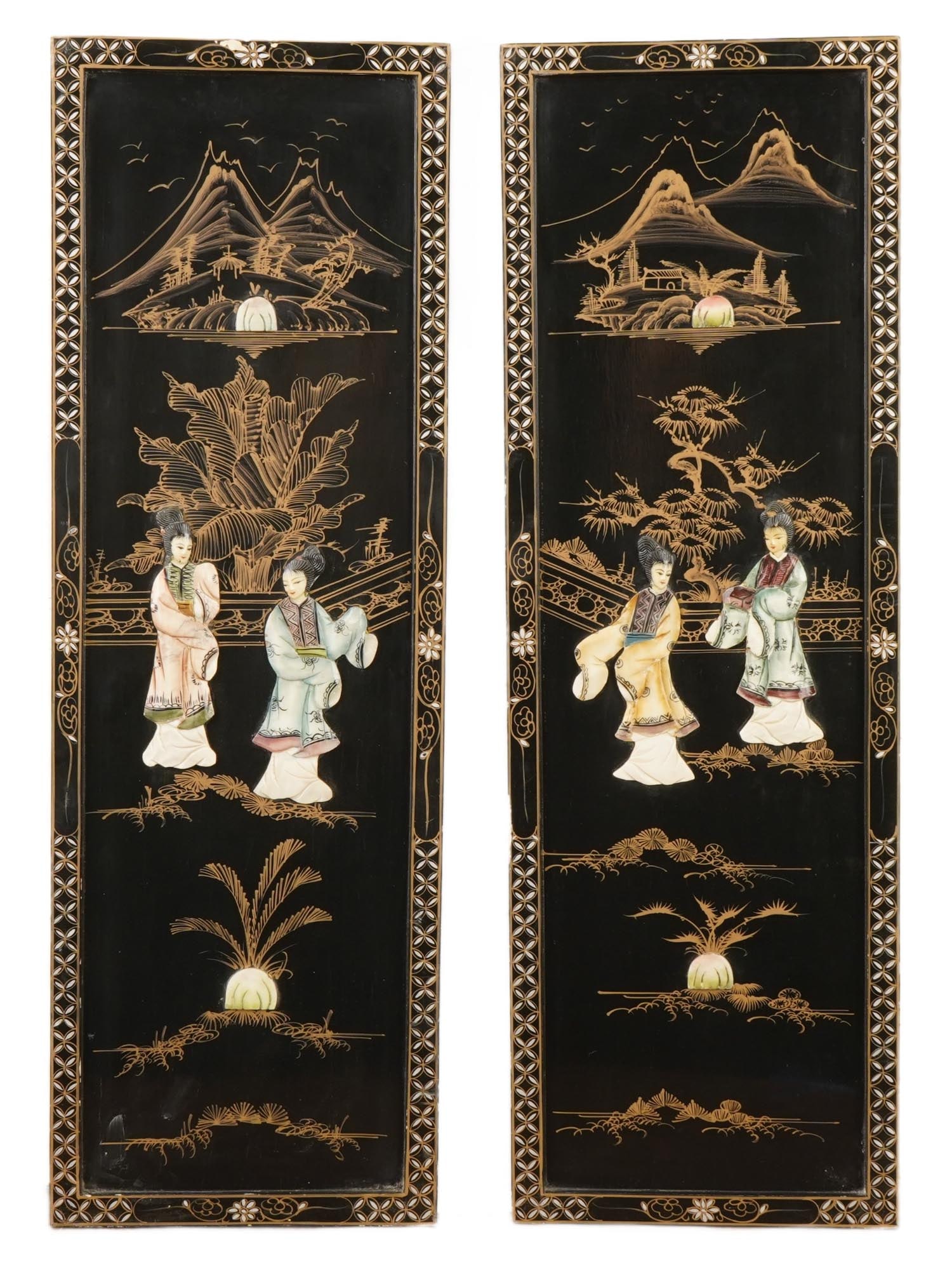 PAIR OF ASIAN WOOD AND INLAY WALL HANGING PANELS (1 of 5)