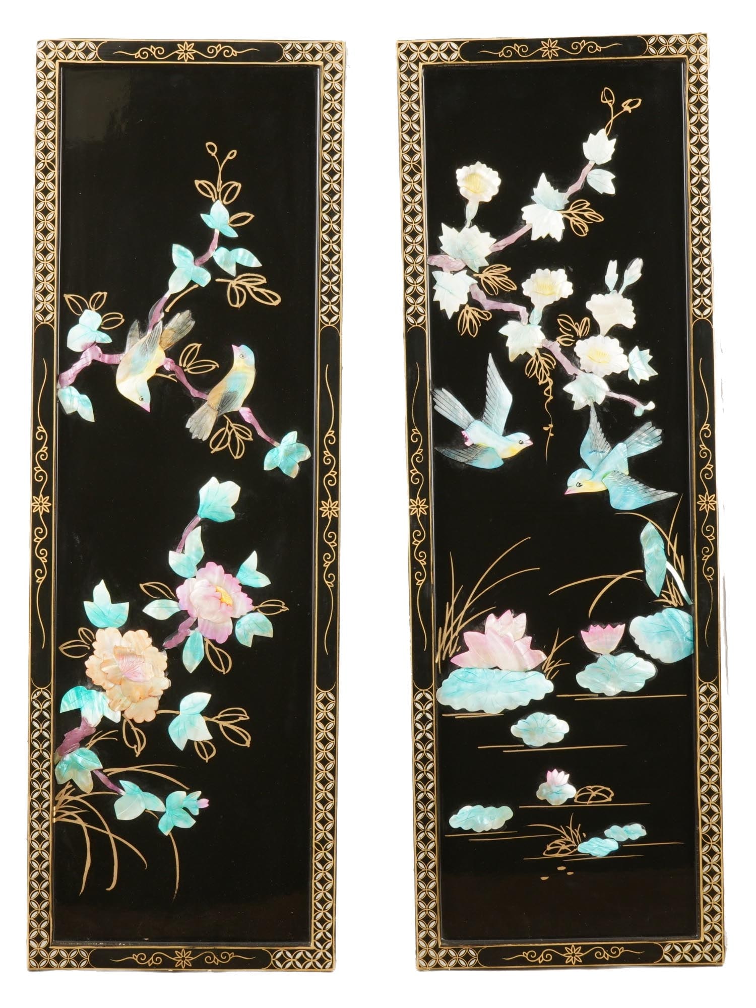 PAIR OF ASIAN WOOD AND INLAY WALL HANGING PANELS: A pair of Asian probably Chinese decorative wall panels made of black lacquer wood with an inlaid decoration. The panel depicts conch shell birds on flowering branches, which is a traditional motif in