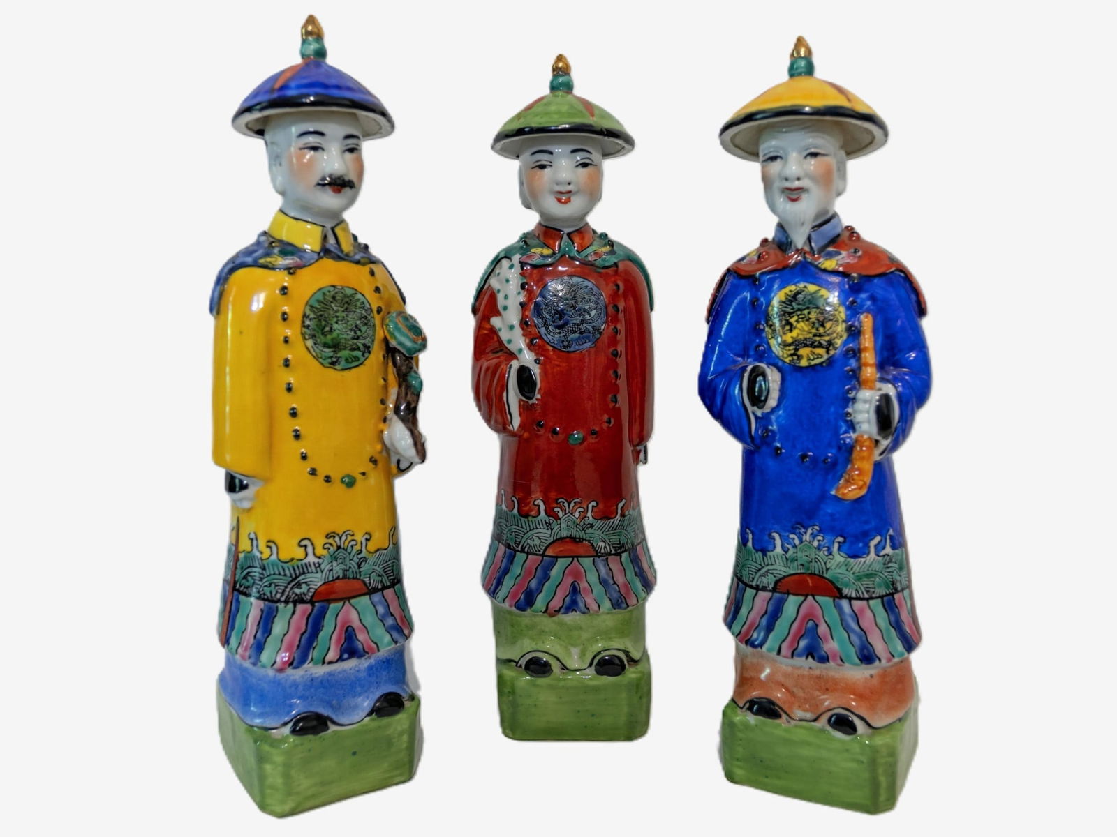 THREE PORCELAIN QING EMPEROR FIGURES WITH MAKERS MARKS (1 of 5)