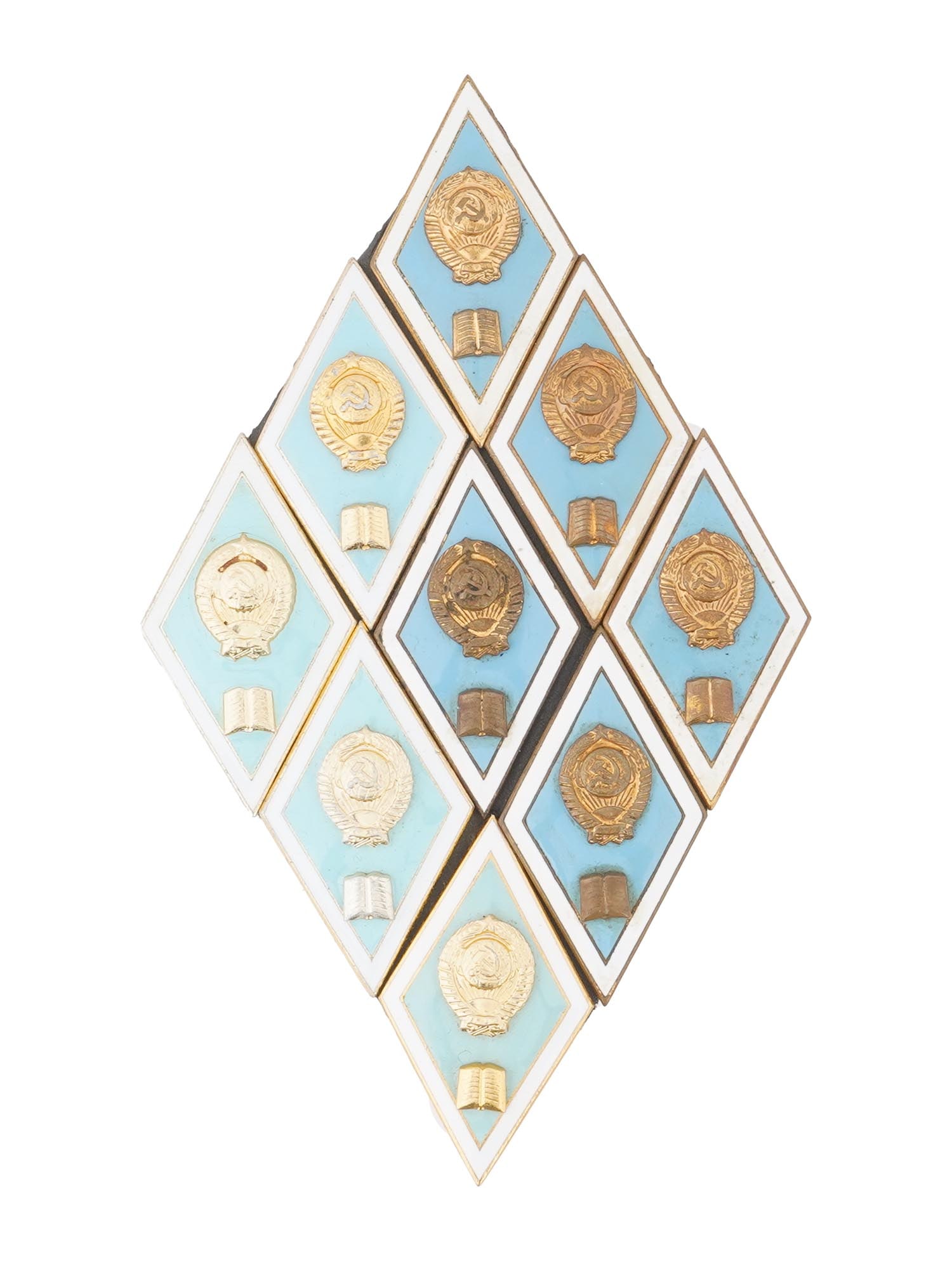 COLLAGE OF NINE SOVIET ERA TEACHER AWARD BADGES: A collage of 9 Russian Soviet era teacher award badges, arranged in a diamond pattern. Light blue enamel ground with white border, Soviet Union coat of arms on top, paired with a book symbol below. Le