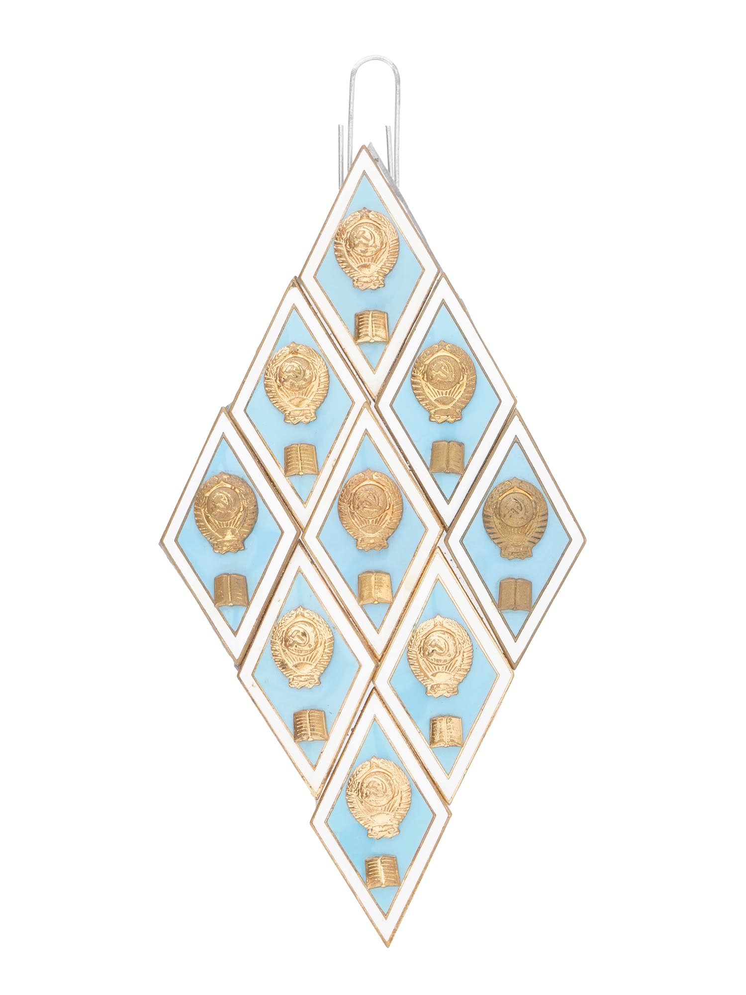 COLLAGE OF NINE SOVIET ERA TEACHER AWARD BADGES: A collage of 9 Russian Soviet era teacher award badges, arranged in a diamond pattern. Light blue enamel ground with white border, Soviet Union coat of arms on top, paired with a book symbol below. So