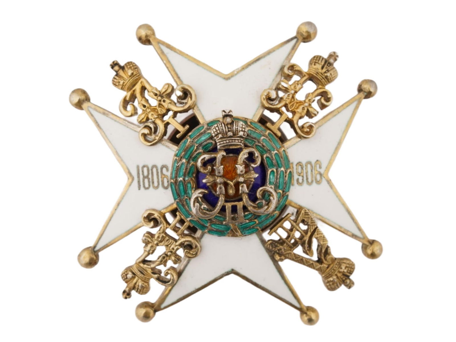 RUSSIAN ARMY SILVER BADGE 14TH YAMBURG UHLAN REGIMENT: A Russian silver badge commemorating the 100th anniversary of the 14th Yamburg Uhlan Regiment of the Imperial Russian Army, marking the years 1806 and 1906. The decoration takes the form of a gold Mal