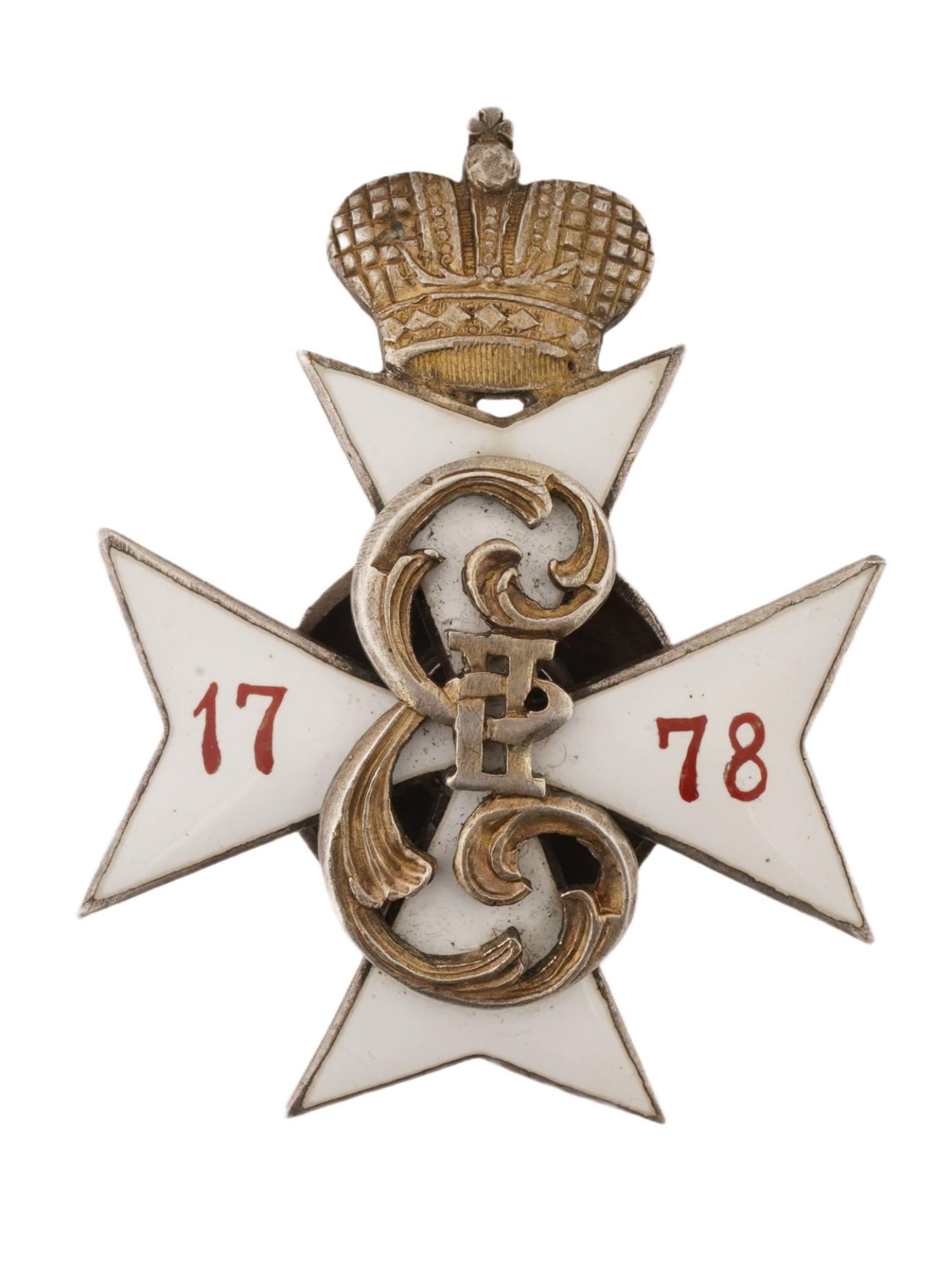 IMPERIAL RUSSIAN SILVER BADGE CATHERINE II CADET CORPS: An Imperial Russian enameled gilt silver commemorative badge, graduation from the first Moscow Empress Catherine II Cadet Corps in Moscow. White cross with crowned monogram of Catherine the Great and