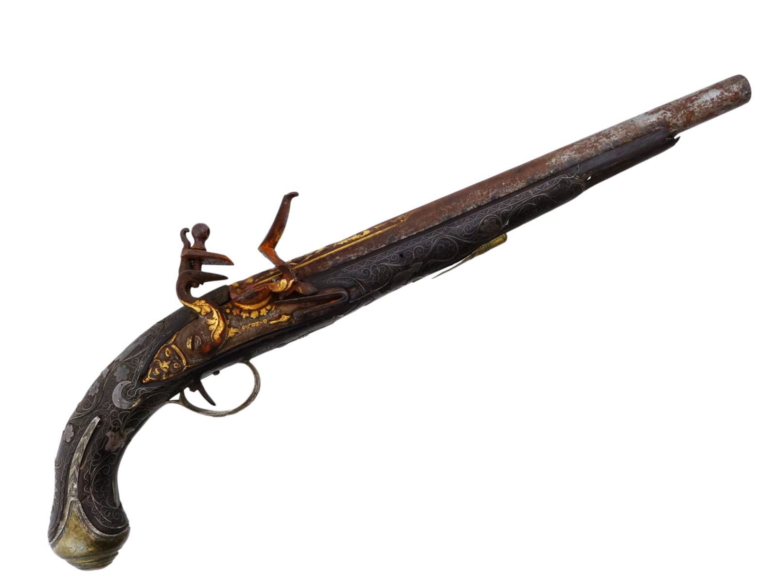 ANTIQUE 18TH C TURKISH SILVER GOLD FLINTLOCK PISTOL (1 of 9)