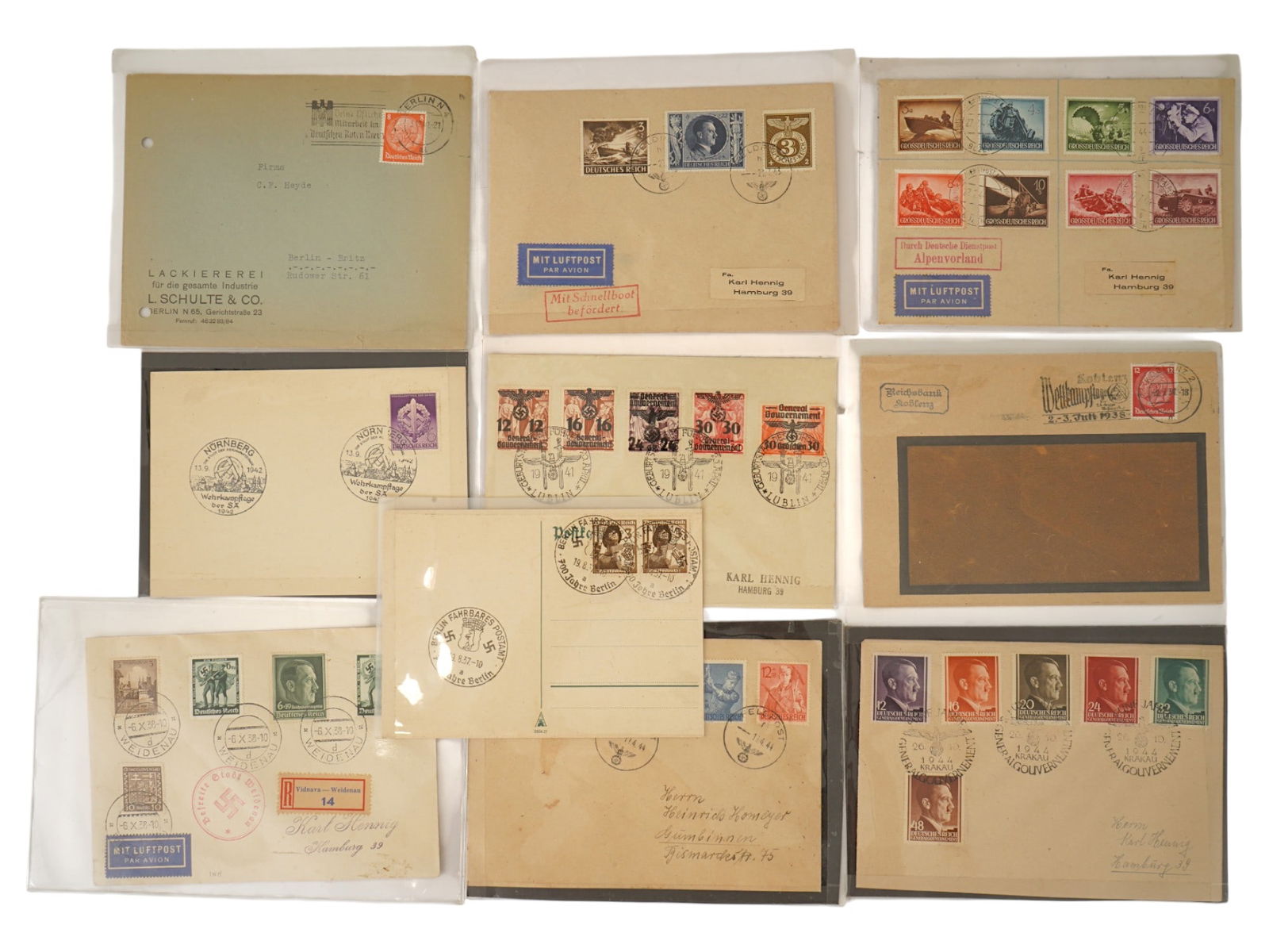 WWII GERMAN THIRD REICH POSTAGE STAMPS AND ENVELOPES: A broad selection of envelopes and stamps from the German Third Reich. All envelopes are stamped; some have hand-written inscriptions. Wartime Collectibles, Second World War Memorabilia, German Nazi M