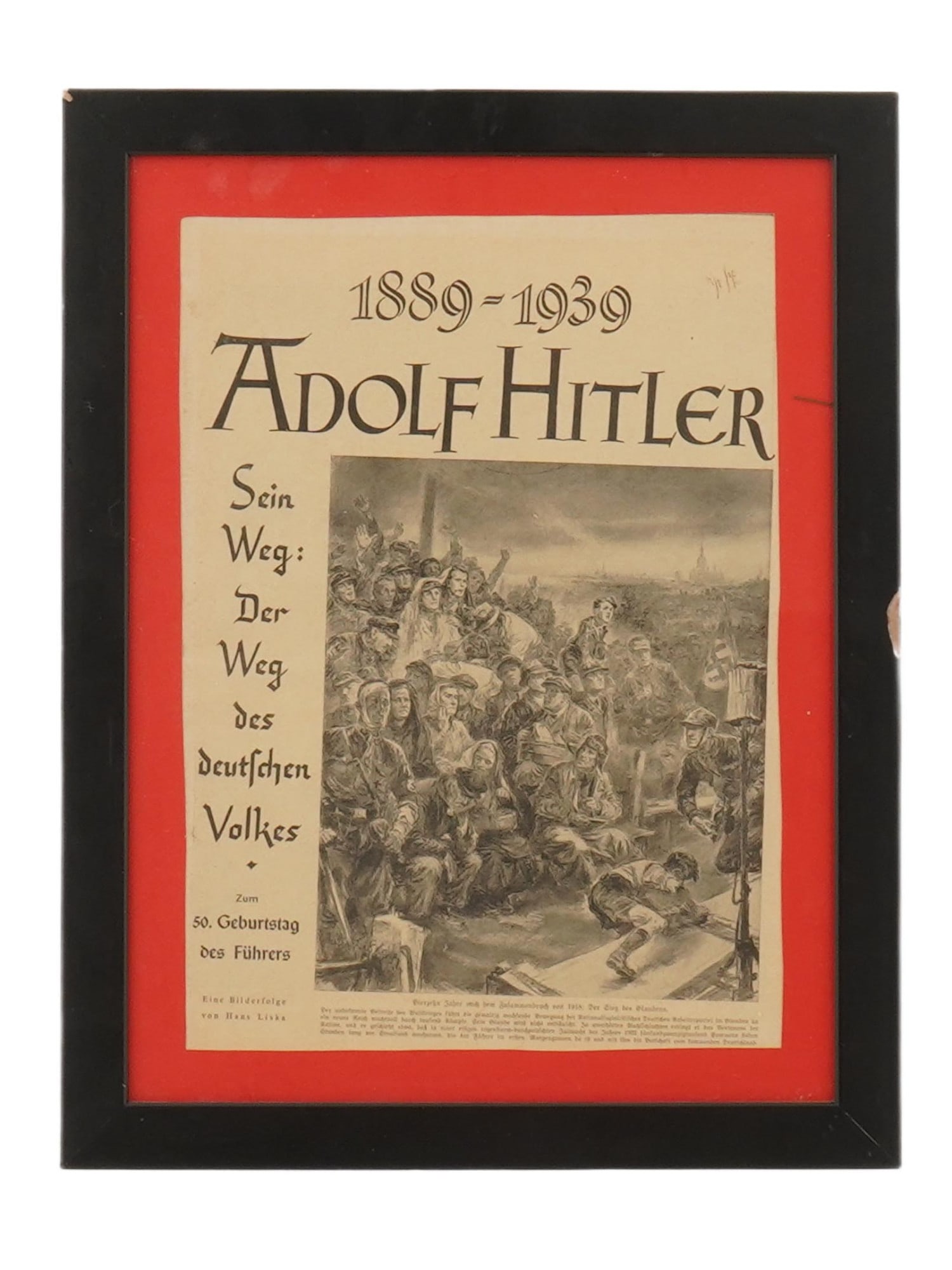 1939 GERMAN NEWSPAPER PAGE ADOLF HITLERS BIRTHDAY: A cut-out German newspaper page dedicated to the 50th birthday of Adolf Hitler, 1939. Titled Sein Weg: Der Weg des deutschen Volkes, His Way: The Way of German People. With reproduction of an artwork