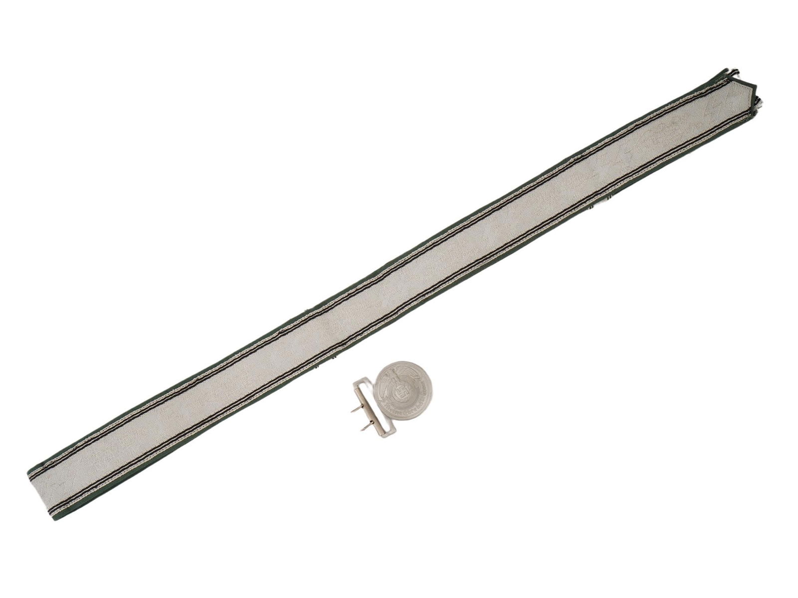 WWII TYPE GERMAN WAFFEN SS OFFICERS BELT WITH BUCKLE: A WWII type Nazi German Waffen SS officers belt with a buckle. A belt buckle featuring a round and embossed piece. The front displays the Reichsadler clutching a swastika, surrounded by the inscriptio