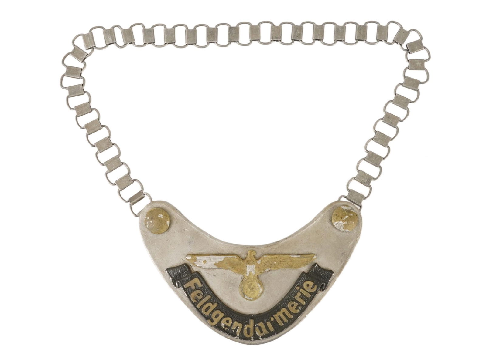 WWII GERMAN FELDGENDARMERIE MILITARY GORGET: A World War II era German Feldgendarmerie Military Field Police gorget, often nicknamed chained dogs by Wehrmacht troops due to the neck chain. It is a crescent-shaped plate typically made of stamped,