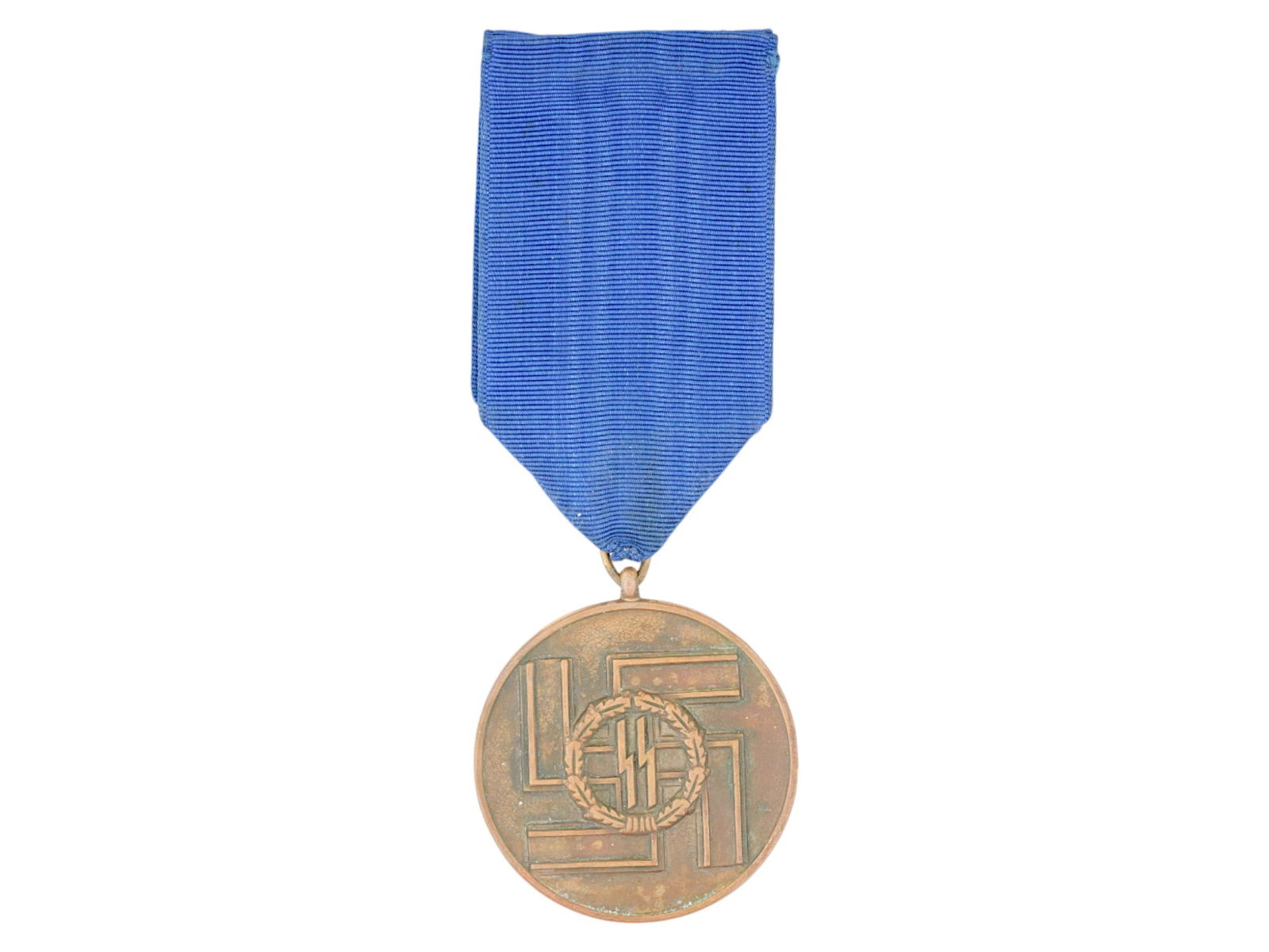 WWII GERMAN WAFFEN SS 8 YEAR LONG SERVICE MEDAL: A WWII Nazi German Waffen SS 8 year long service medal. The obverse of the medal features the swastika insignia and SS runes encircled by an oak leaf wreath. On the reverse, the medal is inscribed wit