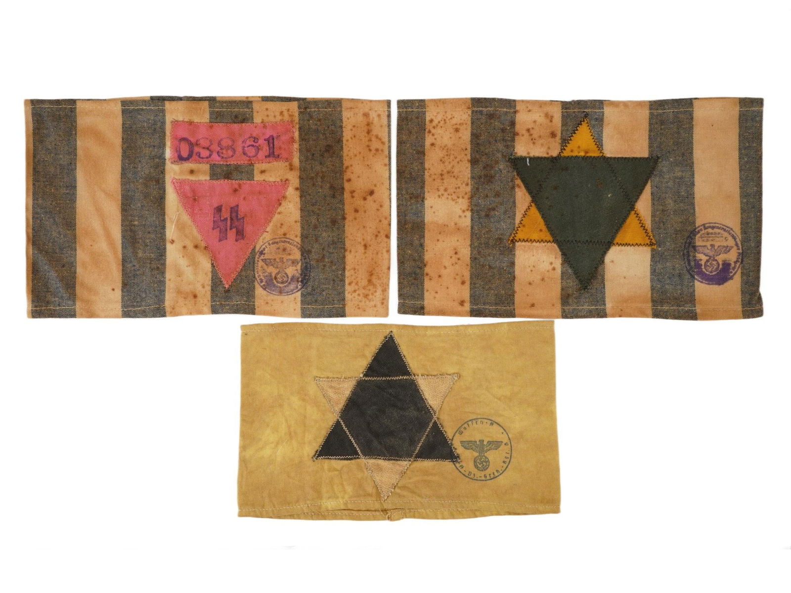WWII NAZI GERMAN CONCENTRATION CAMP PRISONER ARMBANDS: A group of three World War II era Nazi German concentration camp prisoner armbands. These cloth identifiers were forcibly worn by individuals in concentration camps and ghettos to mark them according