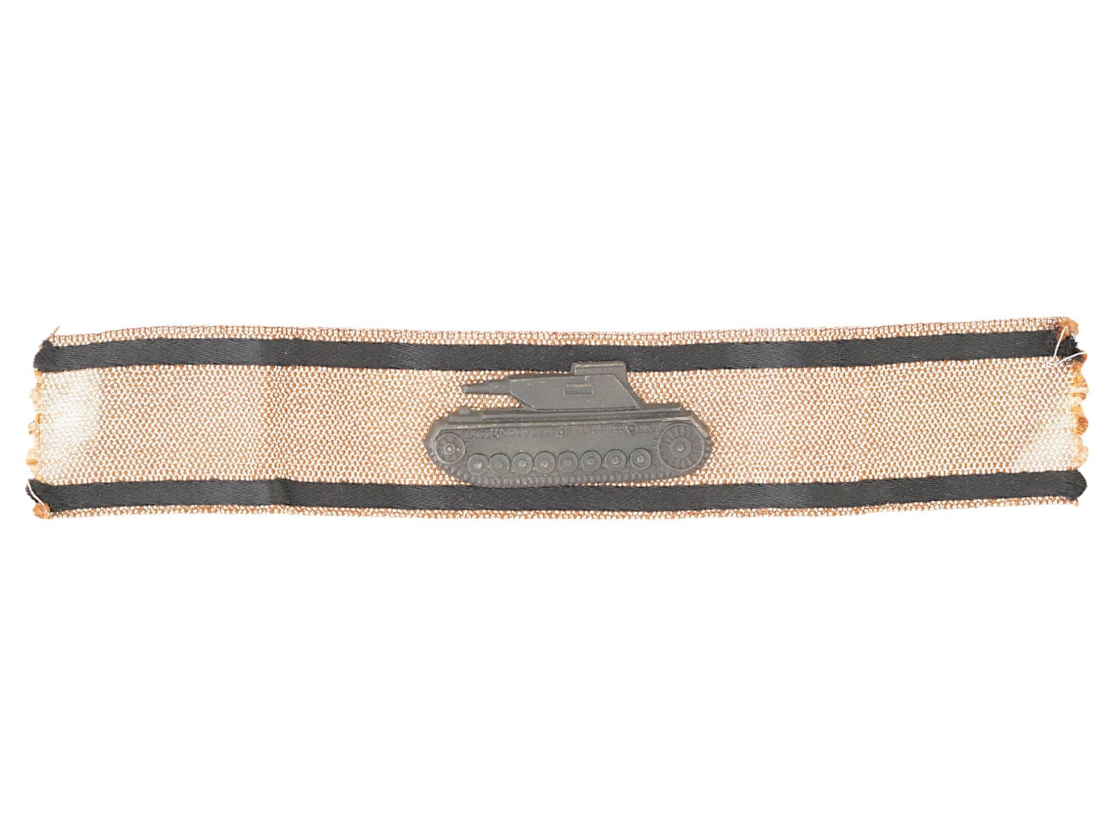 WWII NAZI GERMAN TANK DESTRUCTION BADGE: A WWII Nazi German Tank Destruction Badge. Features a blackened Panzer IV tank attached to a band with black stripes. The badge was pinned to the sleeve and then was sewn on. With a cloth backing. Sec