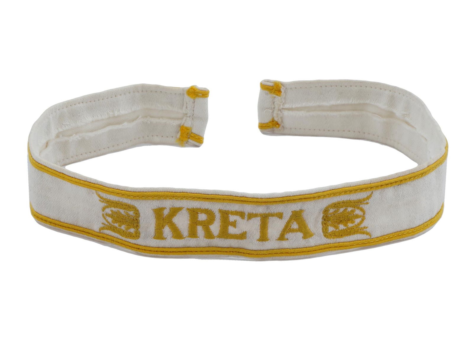 GERMAN WWII CRETE COTTON W EMBROIDERY CUFF TITLE: A German WWII type Crete cotton with embroidery Cuff Title. The Crete Cuff Title, or Crete Cuff Band was a World War II German military decoration awarded to Wehrmacht servicemen who took part in the
