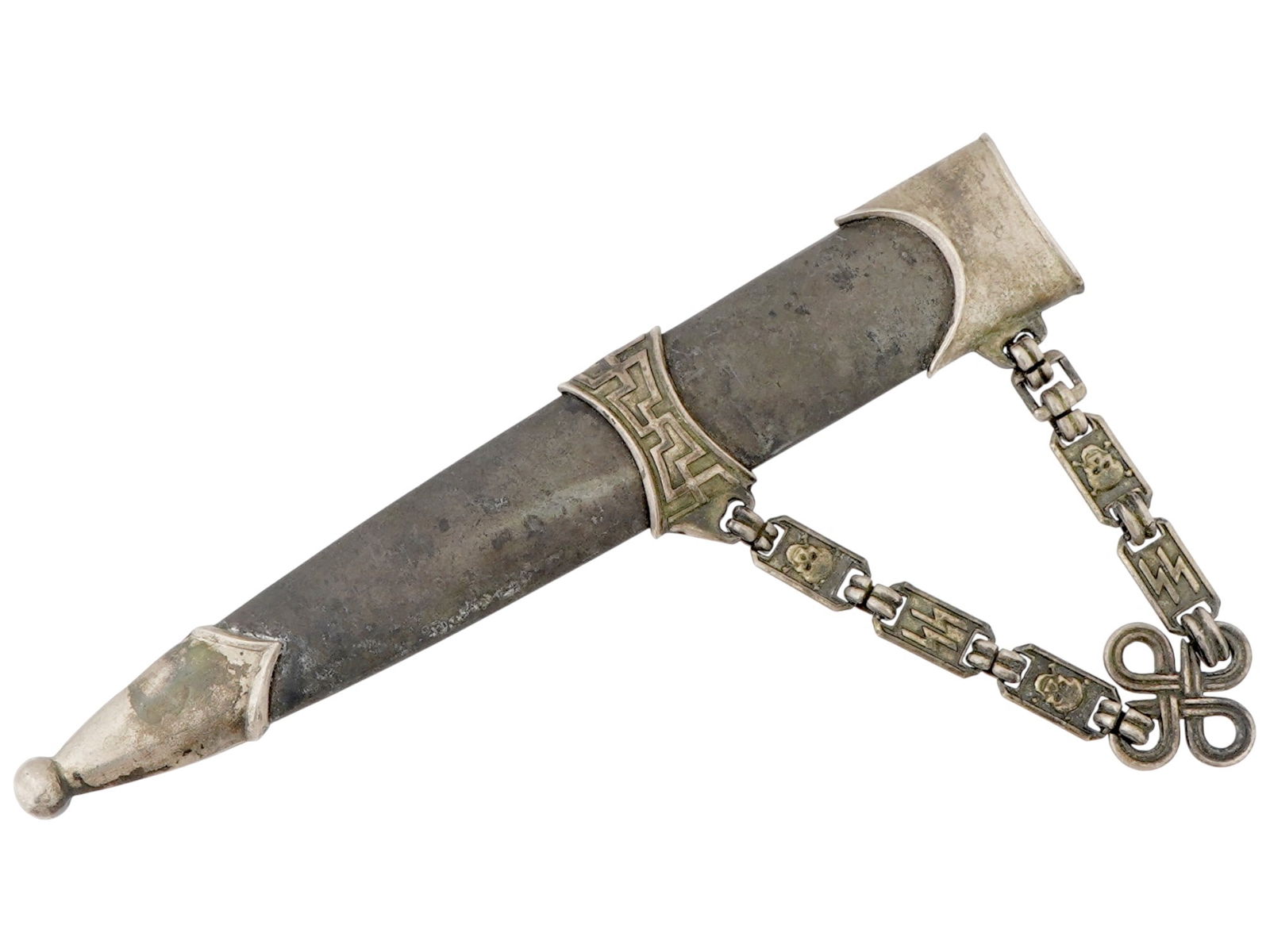 NAZI GERMAN WWII WAFFEN SS RUNES METAL SHEATH: A WWII Nazi German metal sheath. The sheath is adorned with a chain featuring links. Each link is adorned with an engraved design representing a skull or SS runes. Second World War Nazi German Sheath
