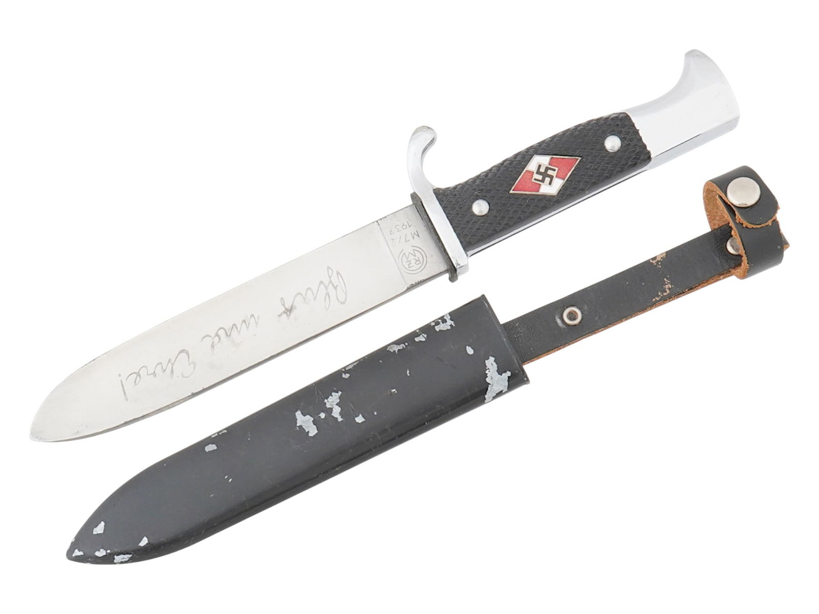 WWII NAZI GERMAN HITLER YOUTH DAGGER W SCABBARD: WWII Nazi German Third Reich Hitler Youth member dagger with a black painted magnetic sheet steel scabbard. The black bakelite grip has an enameled diamond with a swastika inlay. The blade is engraved