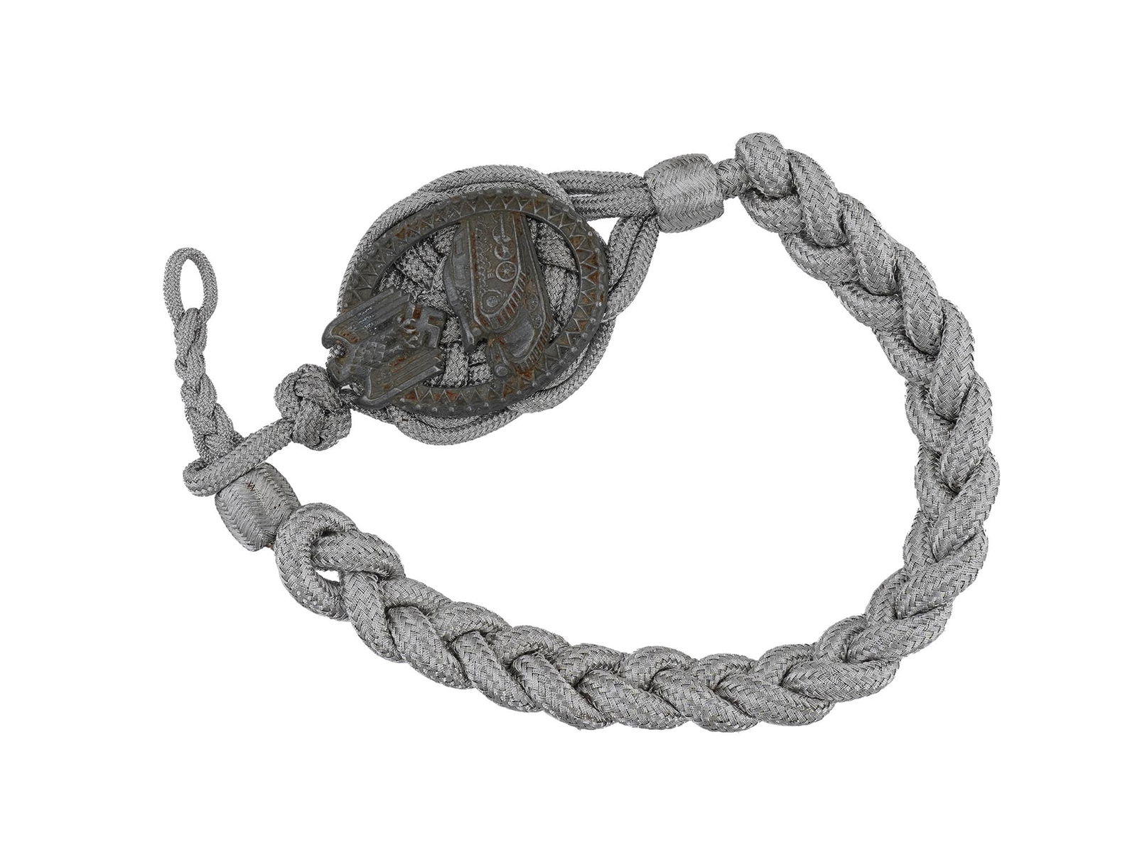 GERMAN WWII SCHUTZENSCHNUR MARKSMAN CORD F TANK CREWS: A German WWII ceremonial Schutzenschnur, a marksman cord for excellent shooting for tank crews of the Wehrmacht. The tightly woven cord of silver tone thread with a tank badge in the center and the Na
