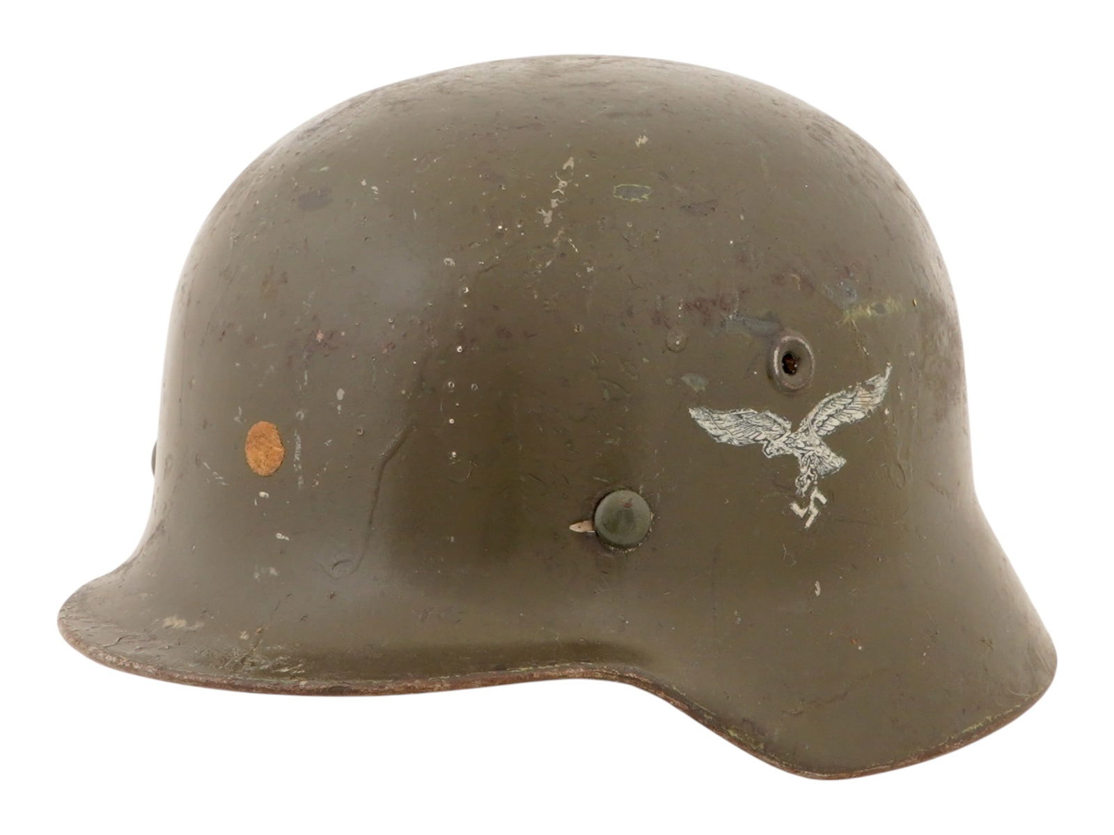 WWII NAZI GERMAN HELMET 1939 LUFTWAFFE COMBAT VF: A WWII Nazi German Luftwaffe Combat VF military helmet the Stahlhelm, 1939. A steel helmet of olive green tone with leather inner and straps inside. The helmet is decorated with a Luftwaffe eagle clut