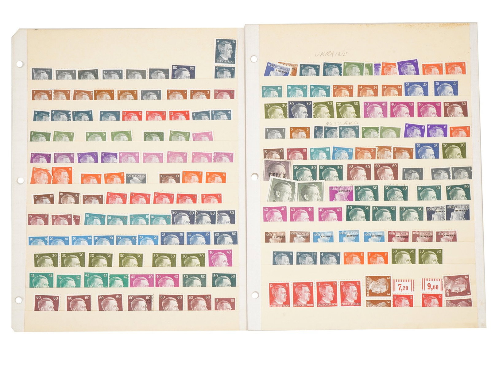 GERMAN ADOLF HITLER PFENNIG STAMPS COLLECTION: A 1930 to 1940s Nazi German postage stamps. Two collectors pages with 194 stamps of nomination from 1 to 80 Pfennig with inscription Deutsches Reich and profile portrait of Adolf Hitler. Some stamps a