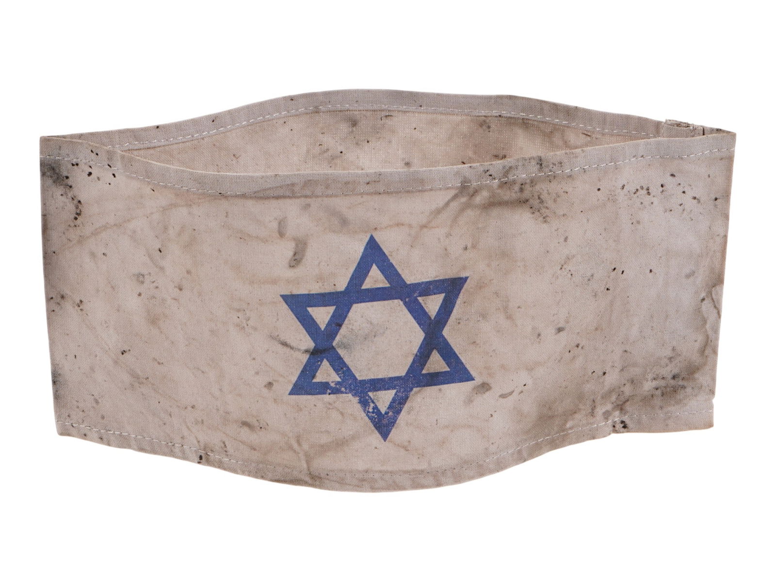WWII NAZI GERMAN HOLOCAUST STAR OF DAVID ARMBAND: A WWII Nazi German Holocaust period Star of David armband. The armband features a Star of David printed in blue, a symbol that Jewish individuals were forcibly required to wear as a means of identific
