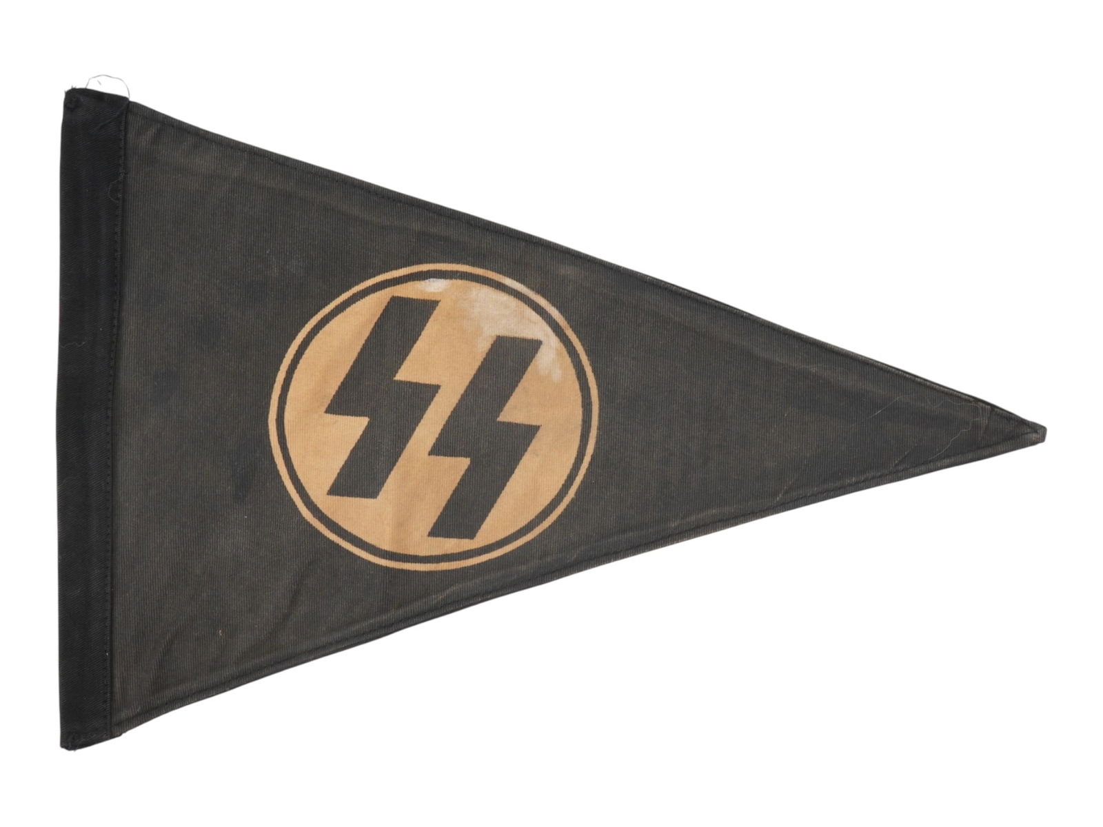 WWII NAZI GERMAN THIRD REICH WAFFEN SS VEHICLE PENNANT: A WWII Nazi German Waffen-SS vehicle pennant, displaying the distinctive SS runes emblem associated with Schutzstaffel units. Vehicle pennants of this type were typically mounted on staff cars or offi