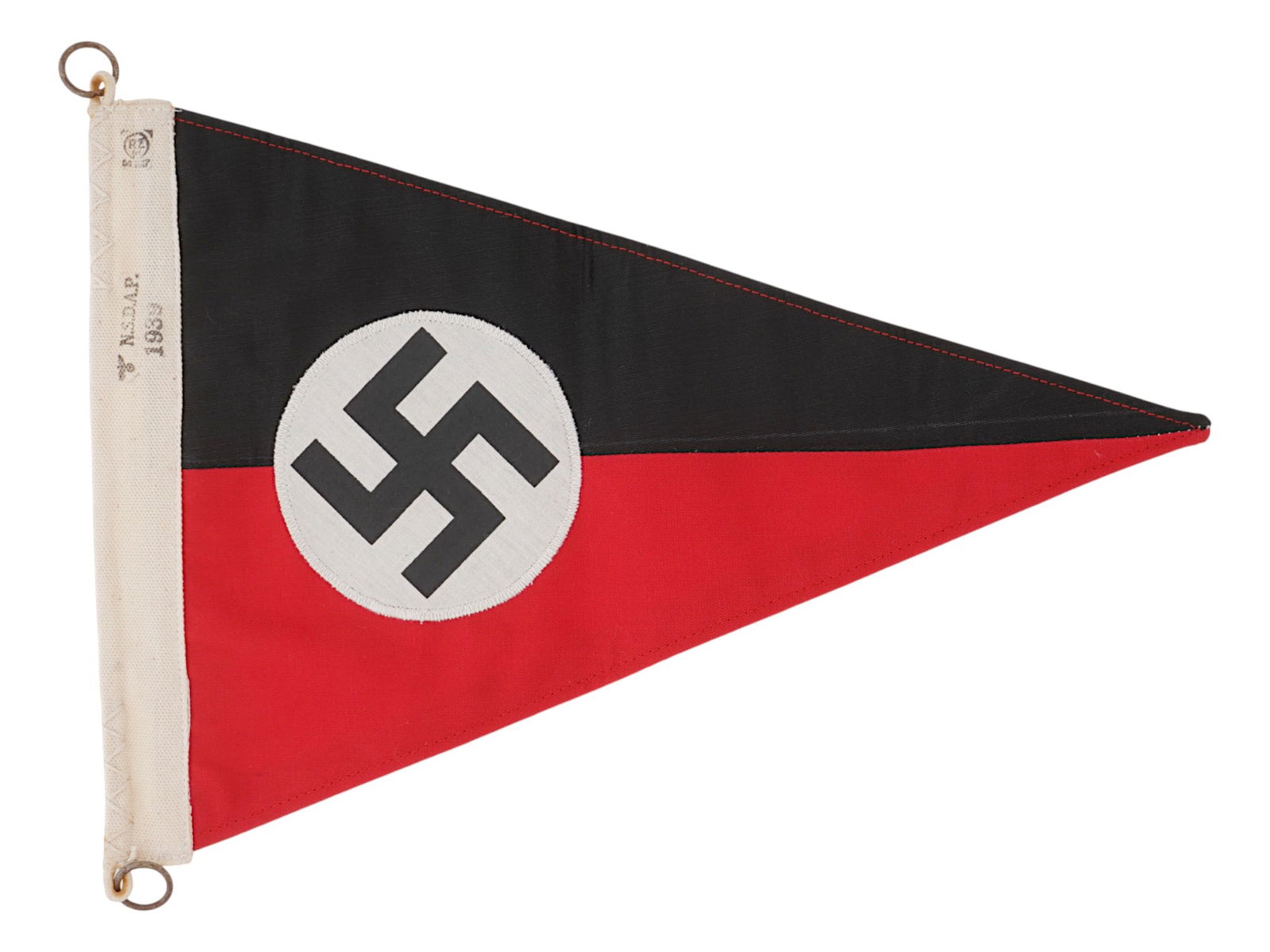 WWII TYPE NAZI GERMAN BDM DOUBLE SIDED VEHICLE PENNANT: A WWII type Nazi German BDM, or the League of German Girls double sided vehicle pennant. On one side is a swastika in a white circle on a red and black background. On the other side, a swastika is dep