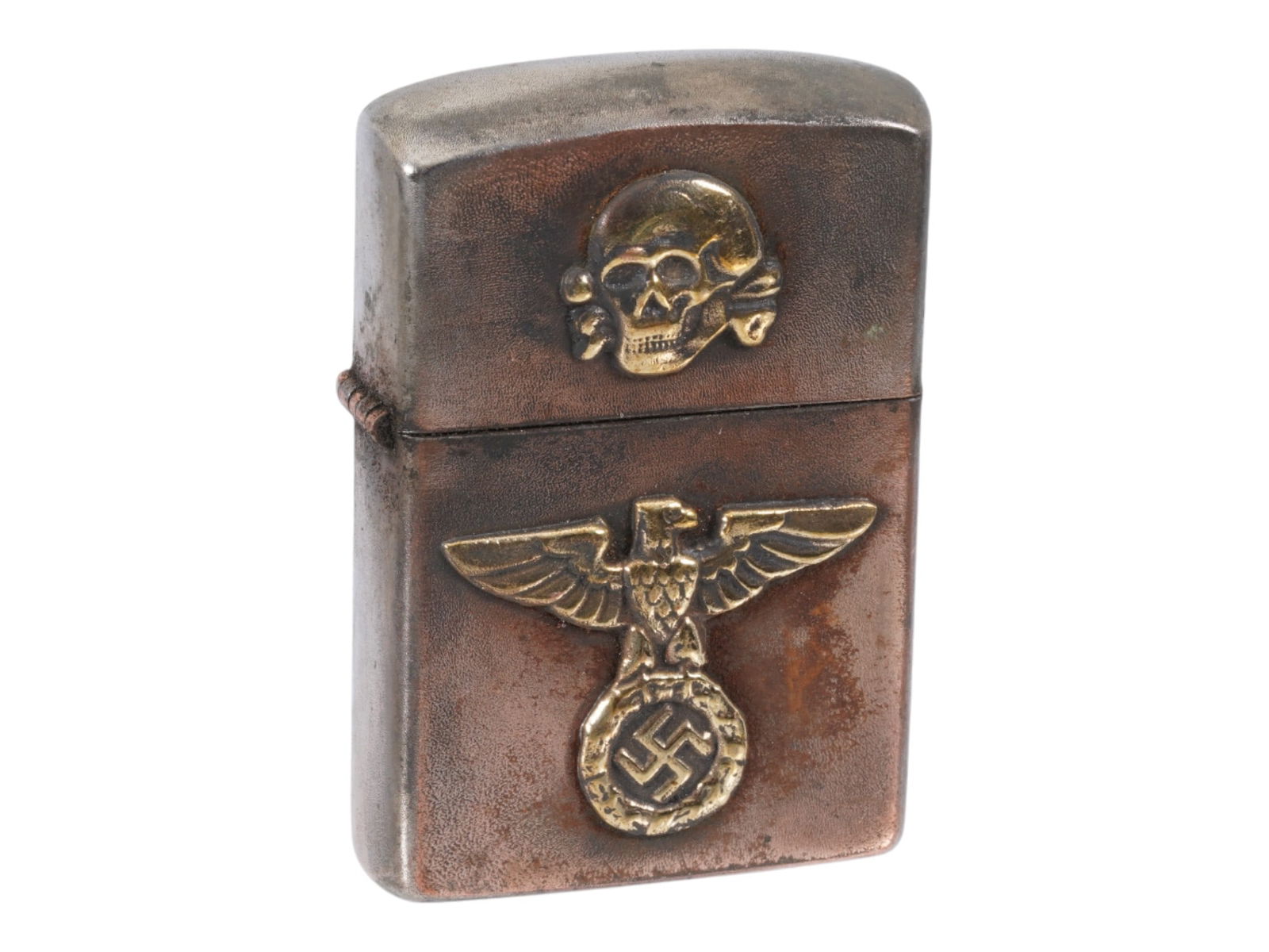 GERMAN WWII TYPE WAFFEN SS TOTENKOPF CIGARETTE LIGHTER: A World War II model Nazi German military pocket gas lighter. Stainless steel body decorated with gilt overlay Reichsadler and Totenkopf. Marked RZM on the bottom. Second World War Historical Collecta