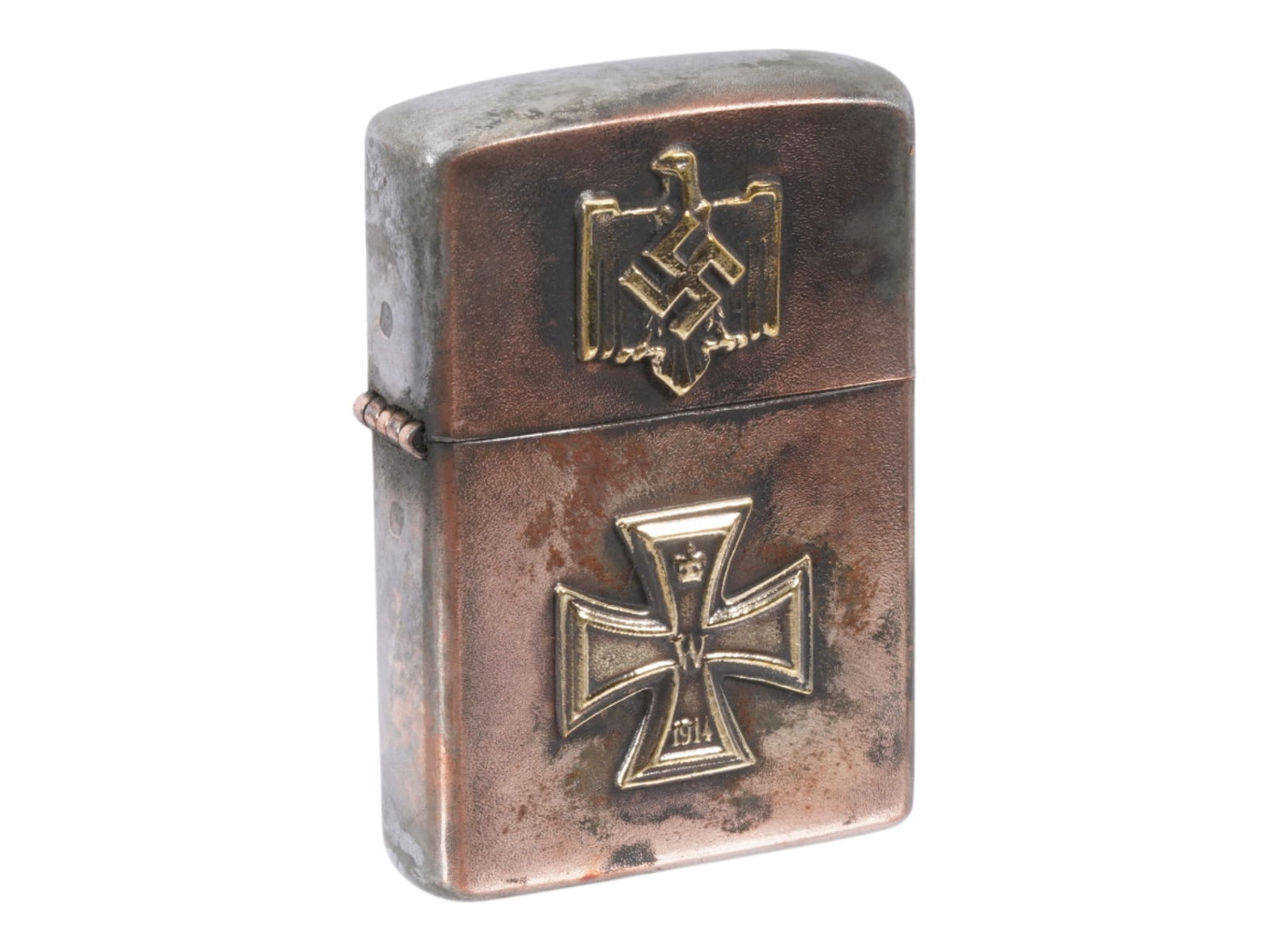 WWII NAZI GERMAN IRON CROSS WINNERS CIGARETTE LIGHTER: A WWII Nazi German Army Iron Cross Winners cigarette lighter. The body is decorated with an Iron Cross emblem, while the hinged lid bears a German eagle with swastika, symbolizing army service during