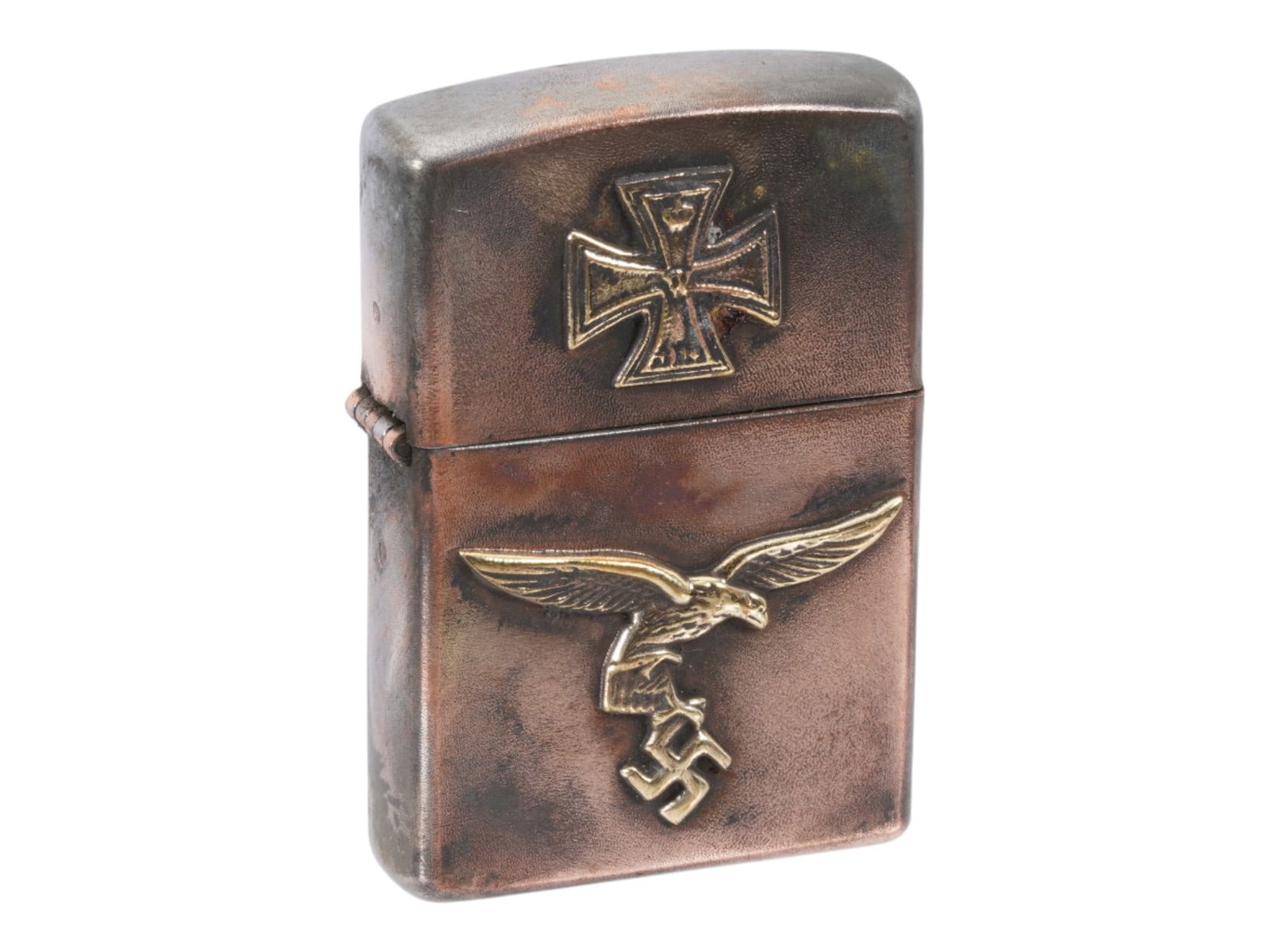 WWII TYPE GERMAN LUFTWAFFE PILOTS CIGARETTE LIGHTER: A World War II type Nazi German Luftwaffe pocket gas lighter. Stainless steel body decorated with a gilt overlay Luftwaffe eagle, swastika, and an Iron Cross. Marked RZM on the bottom. Second World Wa