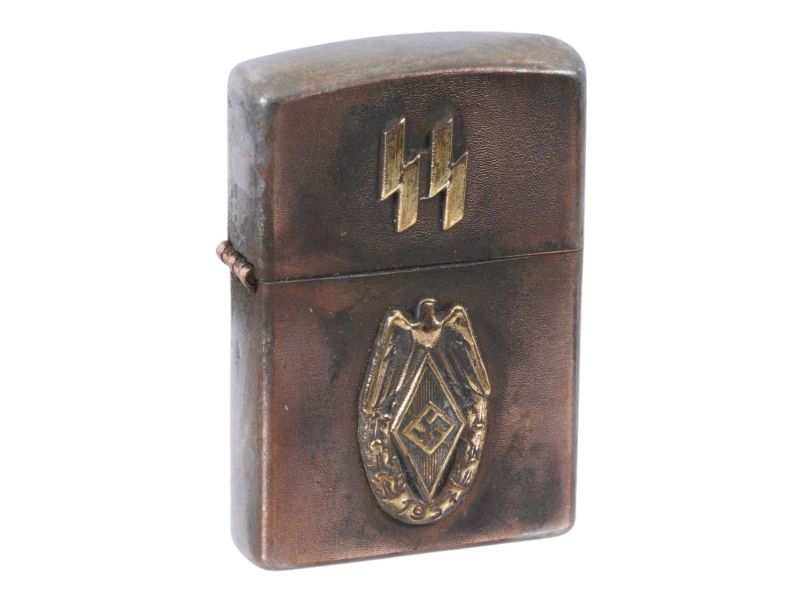 WWII TYPE GERMAN HITLER YOUTH CIGARETTE LIGHTER: A World War II type Nazi German Waffen SS division pocket gas lighter. Stainless steel body decorated with overlay SS runes and Hitlerjugend emblem. Marked RZM on the bottom. Second World War Historic