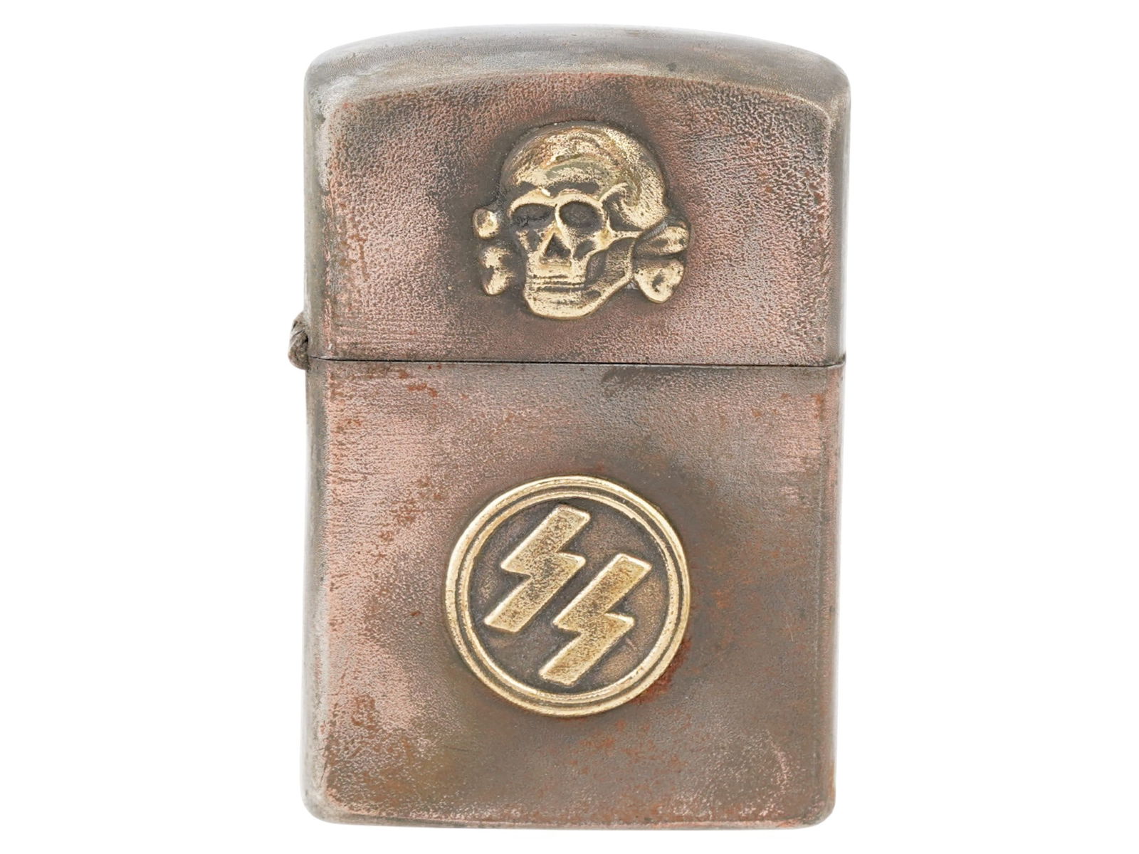 WWII TYPE GERMAN WAFFEN SS CIGARETTE LIGHTER: A World War II type Nazi German Waffen SS pocket gas lighter. Stainless steel body decorated with a gilt overlay Totenkopf and SS runes. Marked RZM on the bottom. Second World War Historical Collectab