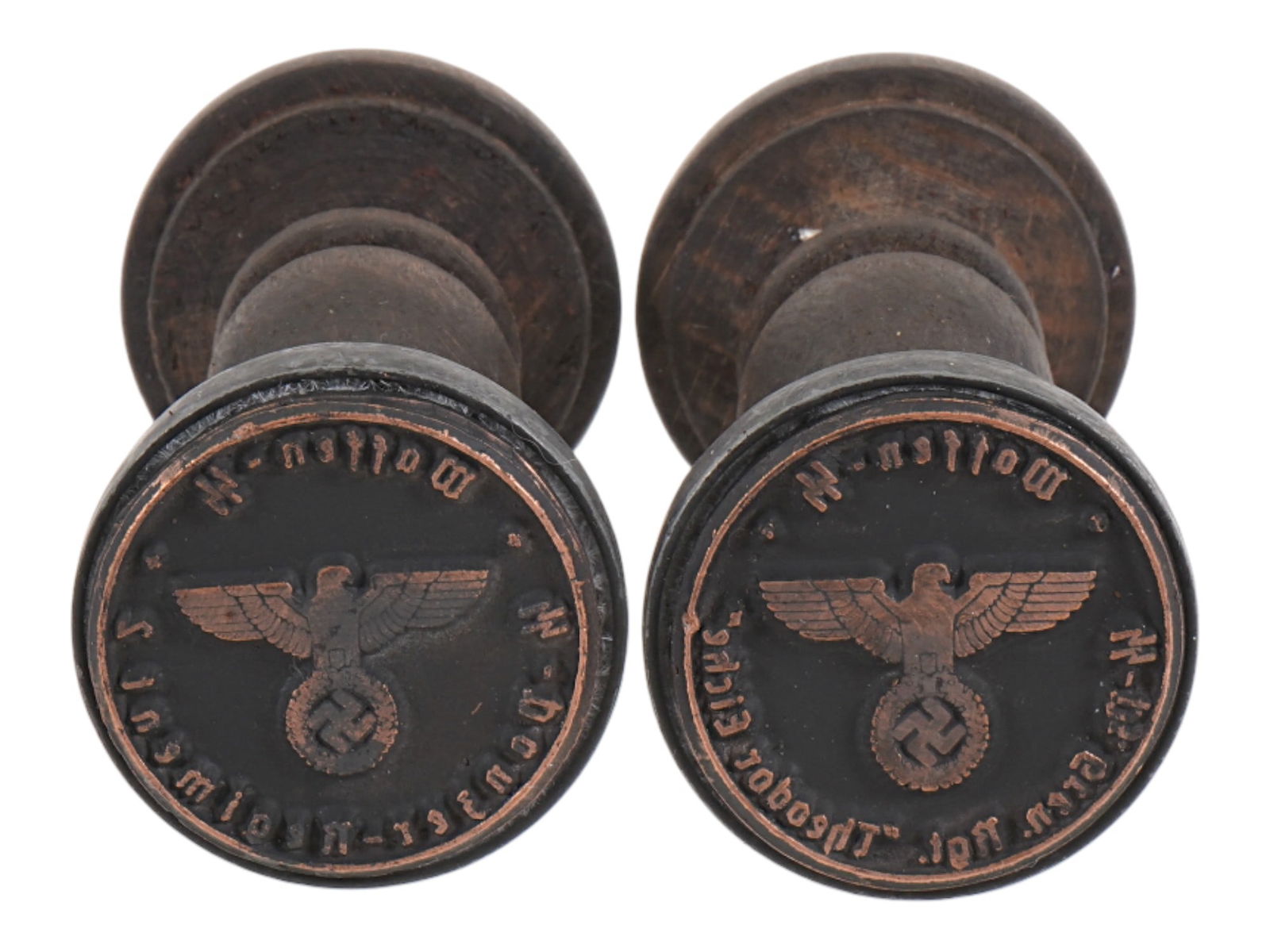 TWO WWII TYPE GERMAN WAFFEN SS INK HAND STAMPS: A group of two WWII type Nazi German Waffen SS wood and metal ink hand stamps, including a stamp for the Waffen SS, Gren RGT Theodor Eiche, and a stamp for the Waffen SS Panzer Regiment. Second World