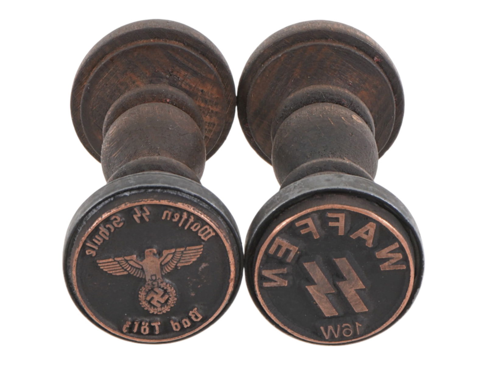 TWO WWII TYPE GERMAN WAFFEN SS INK HAND STAMPS: A group of two WWII type Nazi German wood and metal ink hand stamps, including a stamp for the Waffen SS and a stamp for the Waffen SS School in Bad Tolz. Second World War Nazi German Third Reich Hand