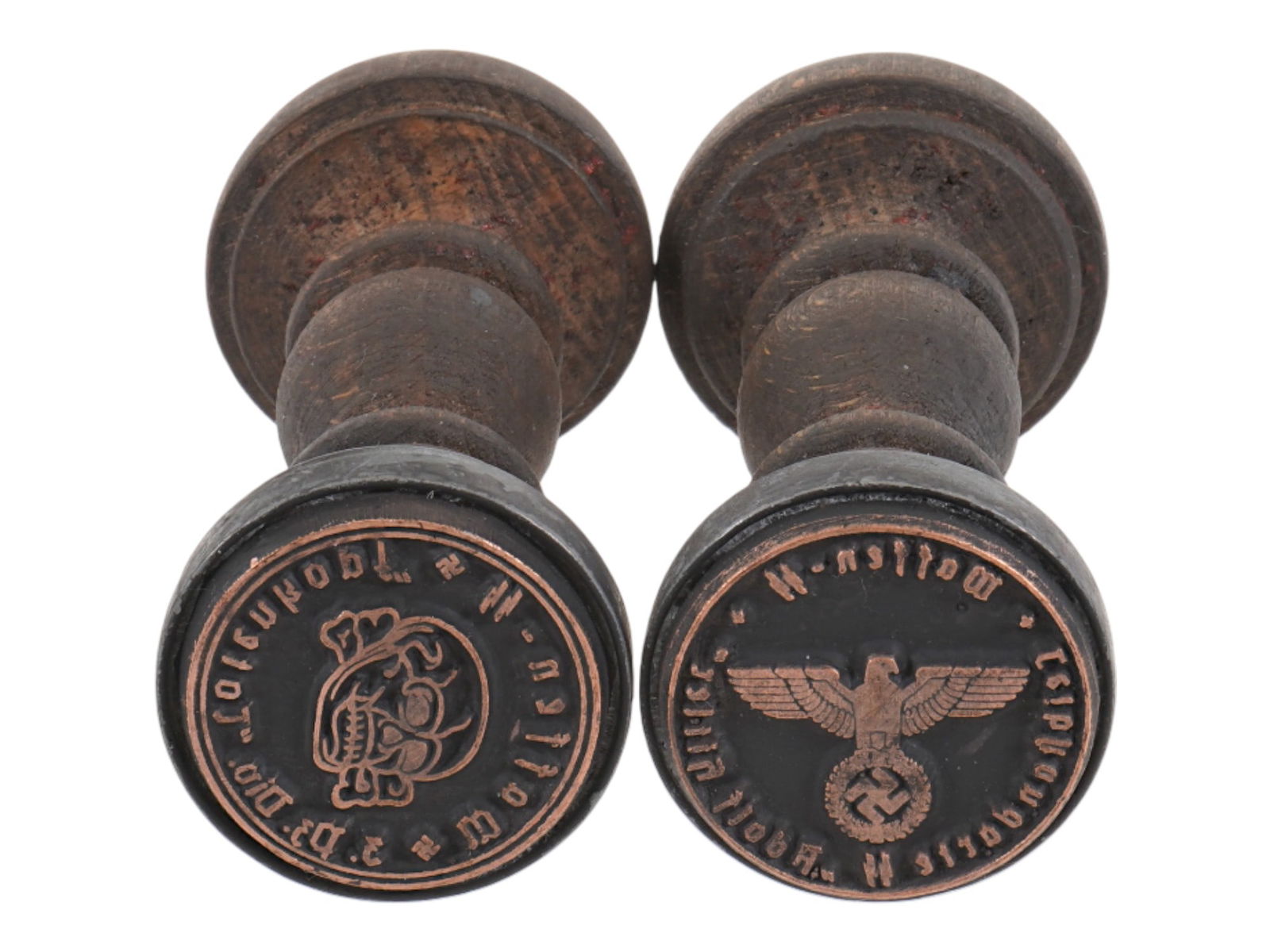 TWO WWII TYPE NAZI GERMAN WAFFEN SS HAND STAMPS: A lot of two WWII type Nazi German Waffen SS hand stamps including Leibstandarte Adolf Hitler and division Totenkopf. Second World War Historical Collectibles And Relics, Nazi Germany, Militaria.