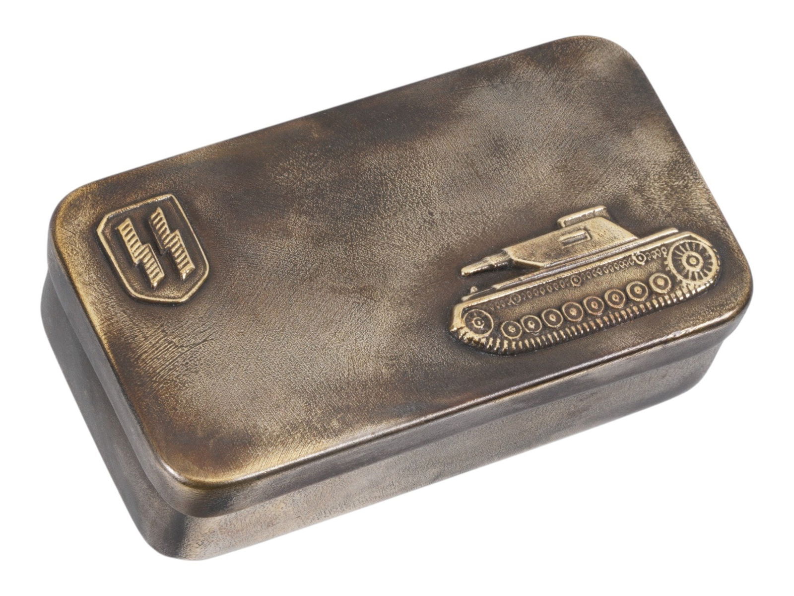GERMAN WWII MODEL PERVITIN BOX WAFFEN SS PANZER TROOPS: A WWII model Nazi German Waffen SS Panzer Troops covered pervitin box. The cover is adorned with overlay SS on shield and tank insignias, on the top. Marked with SS and RZM marks, inscribed, 1942 Ost