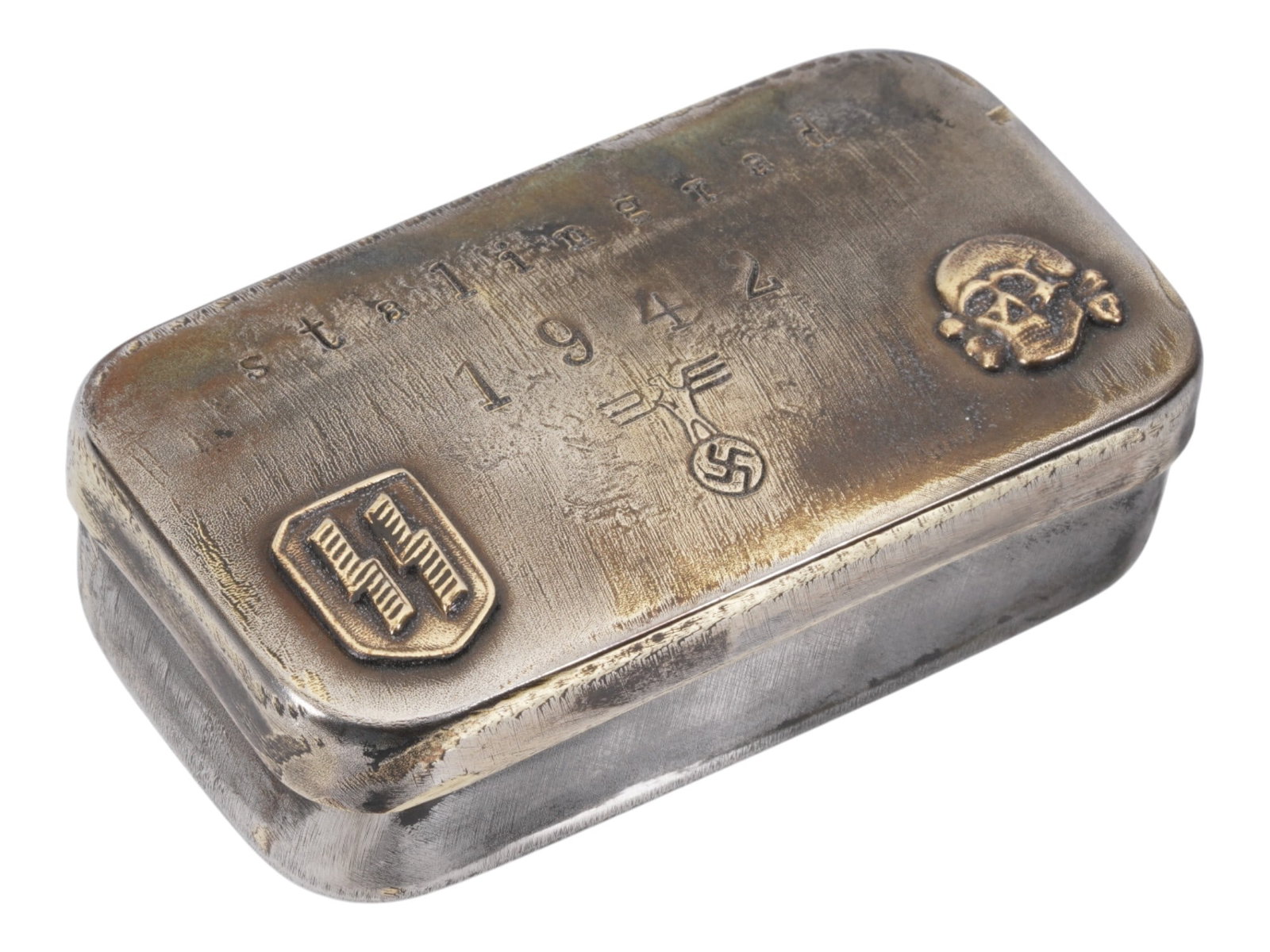 WWII MODEL PERVITIN BOX GERMAN WAFFEN SS STALINGRAD: A WWII model Nazi German Waffen SS Stalingrad Battle pervitin box. Engraved with the inscription Stalingrad 1942 on the lid. Decorated with overlay SS runes and Totenkopf skull image. Marked with SS a